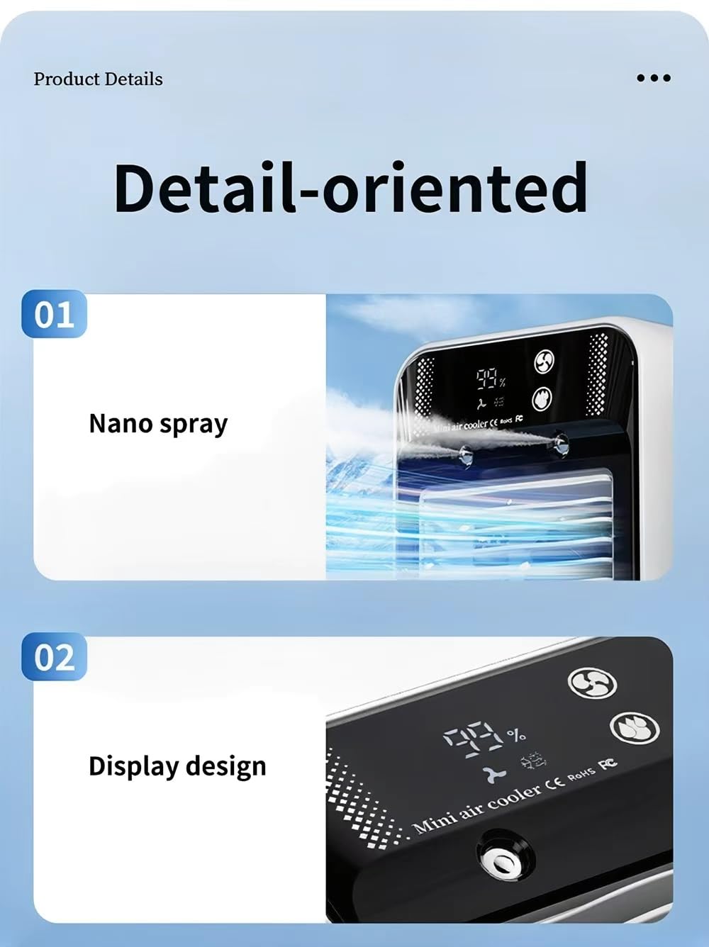 Climatiseur portable, climatiseur portable silencieux 4 en 1, capacité de 500 ml, deux vitesses de ventilation, deux modes de pulvérisation, mini climatiseur, convient aux bureaux Touches Tactiles