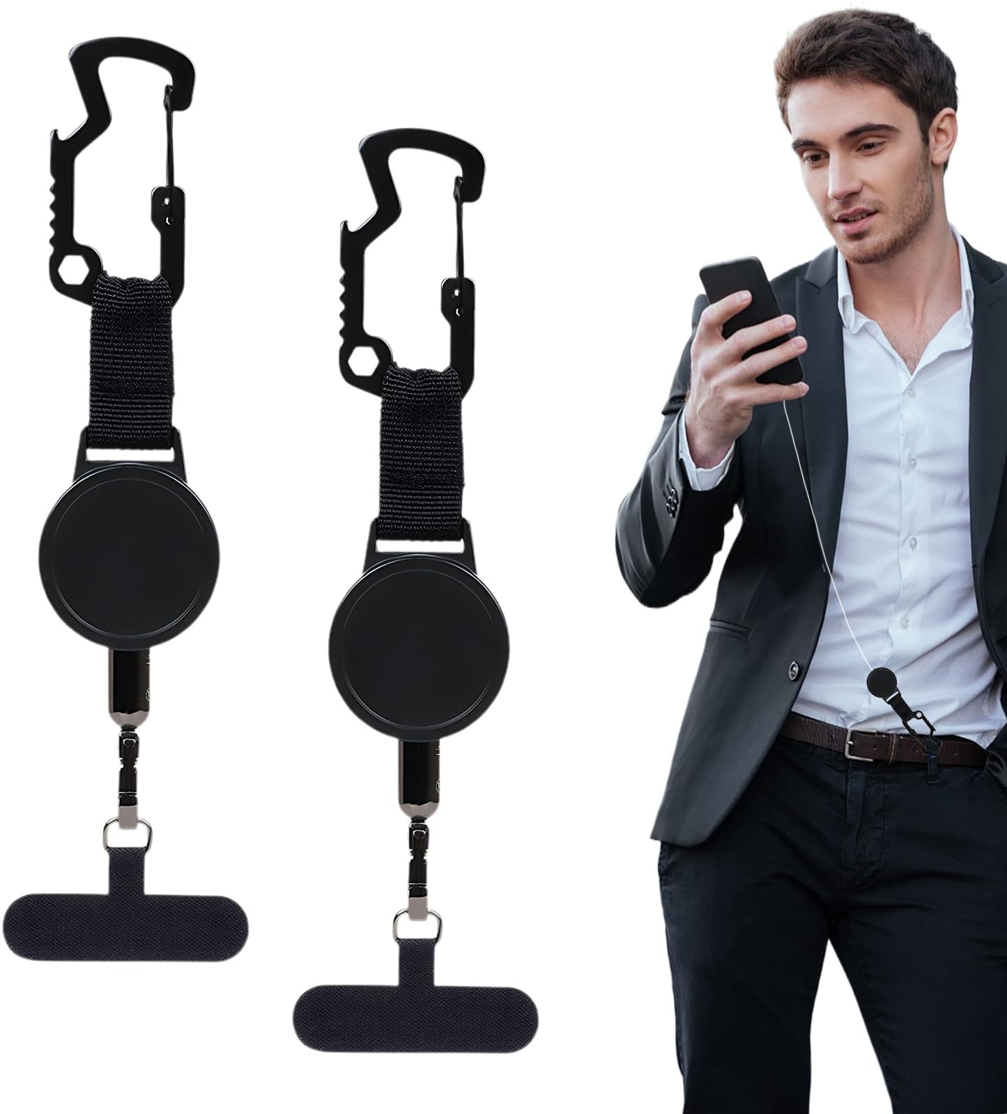 Hocklliy 2 Pcs Retractable Mobile Phone Lanyard Anti Theft Phone Lanyard with Locking Carabiner Anti Theft Phone Strap for Outdoor Hiking Cycling Fishing Climbing Black