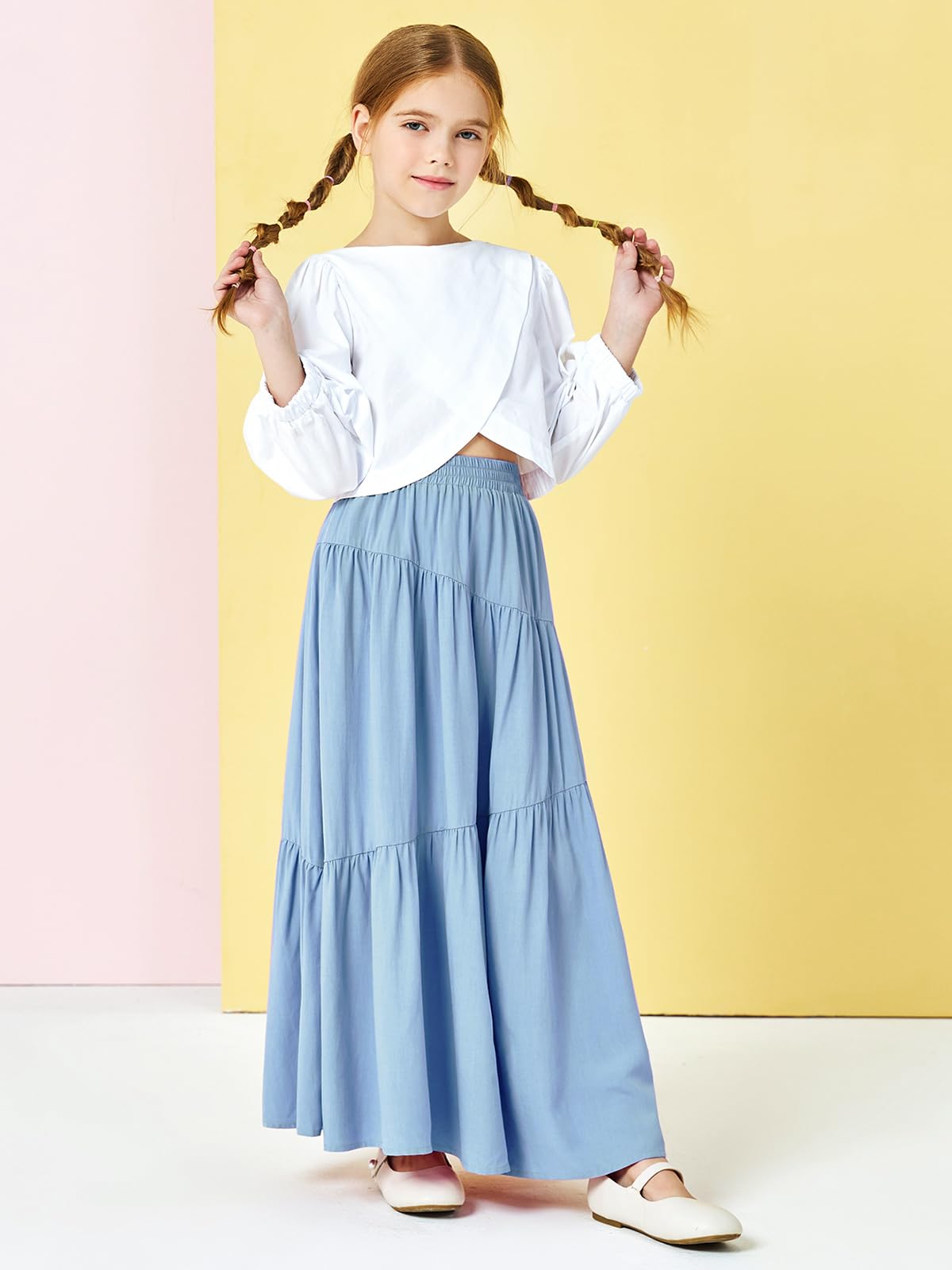 Haloumoning Maxi gonna elastica a vita alta da bambina, stile bohémien, a strati, plissettata, con tasche, 5-14 anni
