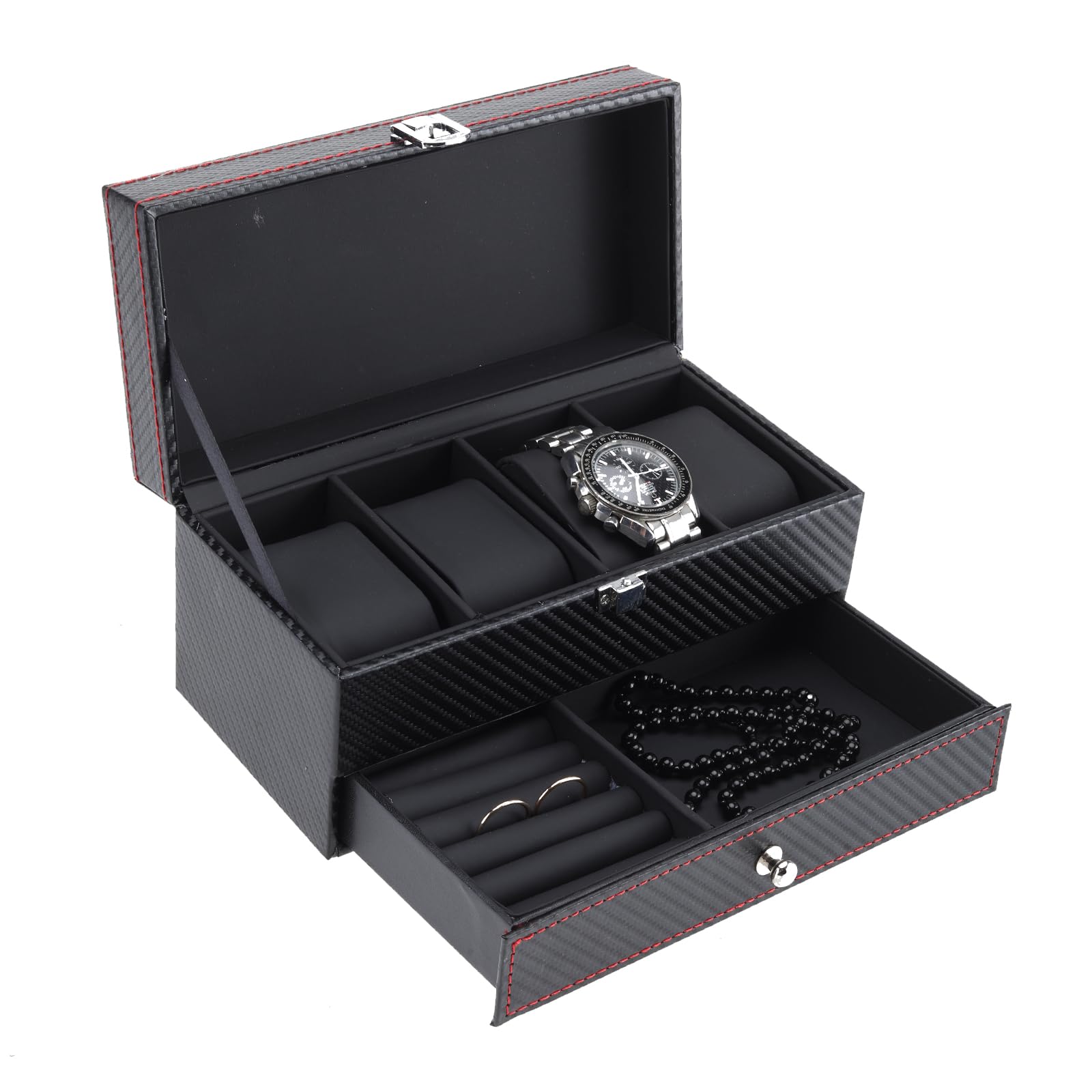 NovelBee Double-Layer 4 Slots Watch Boxes with 2 Grids Jewelry Display Organizer Case for Women and Men Watch Jewelry Earring Rings Bracelets Storage (Black)