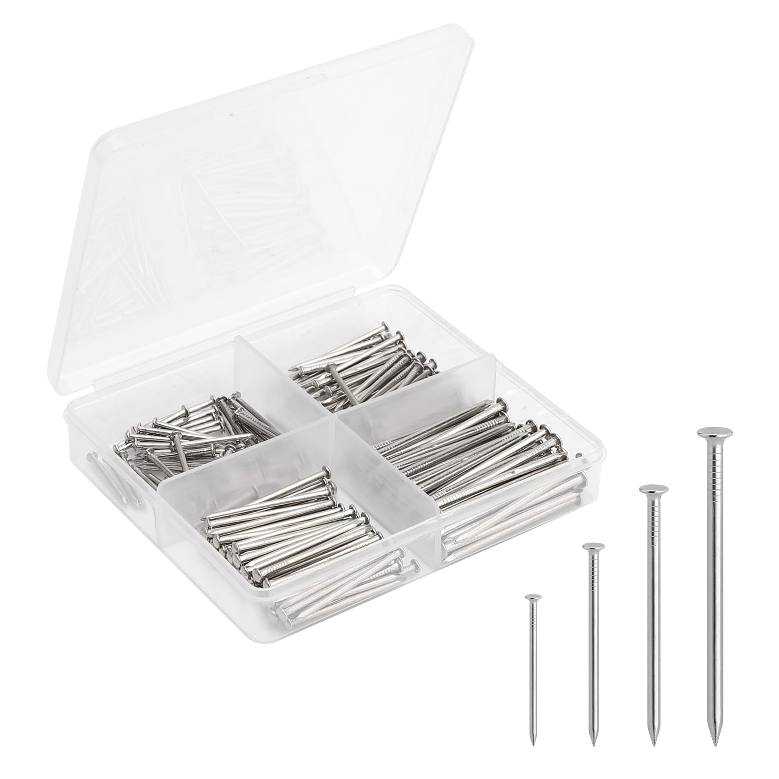 VOSSOT 200pcs 304 Edelstahl stahlnägel Set 20mm 25mm 30mm 38mm（4 Größen à 50 Stück）, Bilderaufhängeset Bildernägel， Bild hängende Nägel, Wand Nägel Kit