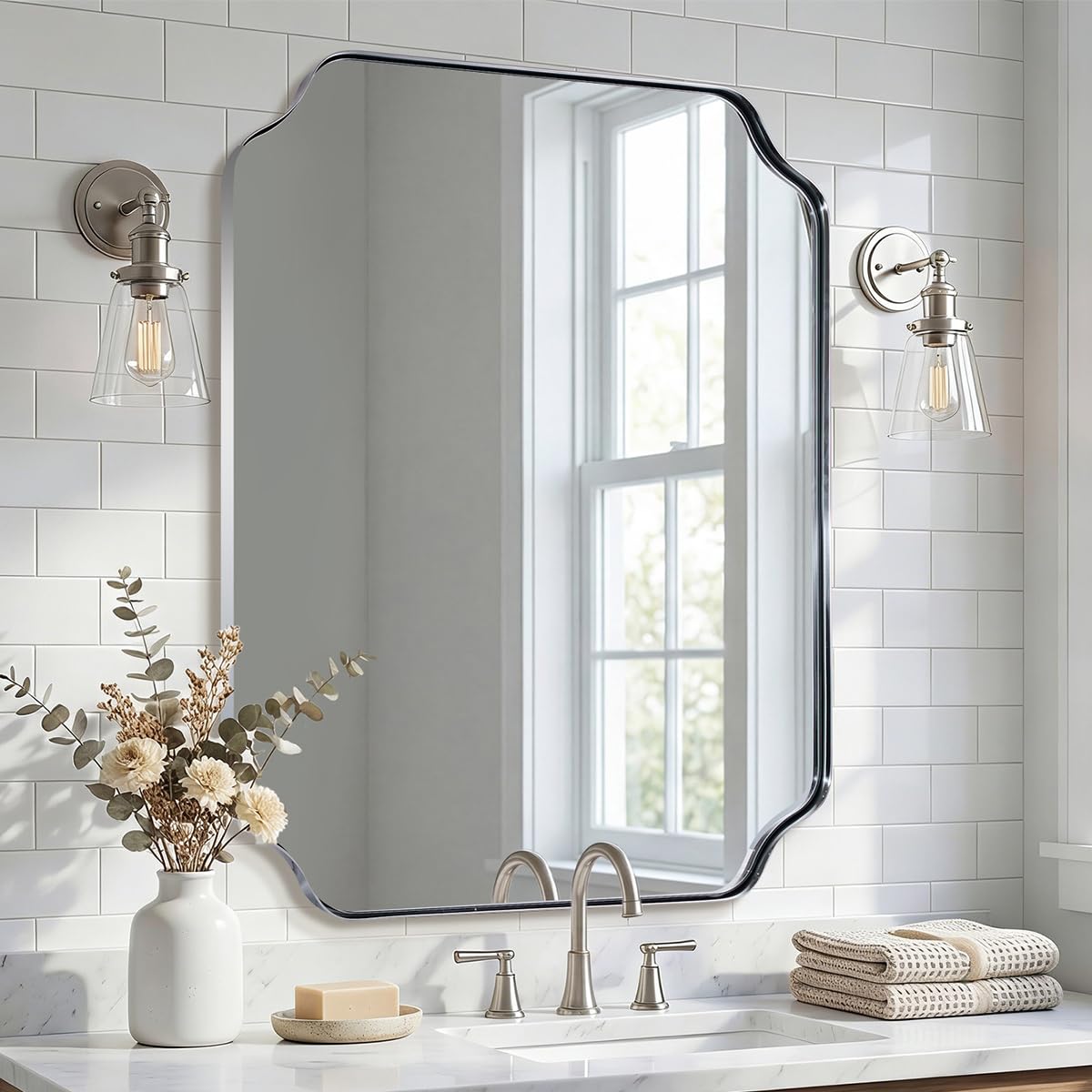 Photo 1 of ANDY STAR 24x30 Inch Chrome Bathroom Mirror, Polished Nickel Mirrors for Wall, Modern Scalloped Mirror in Rustproof Stainless Steel Thin Frame, Elegant Scalloped Edge Design, Ideal for Home Remodel