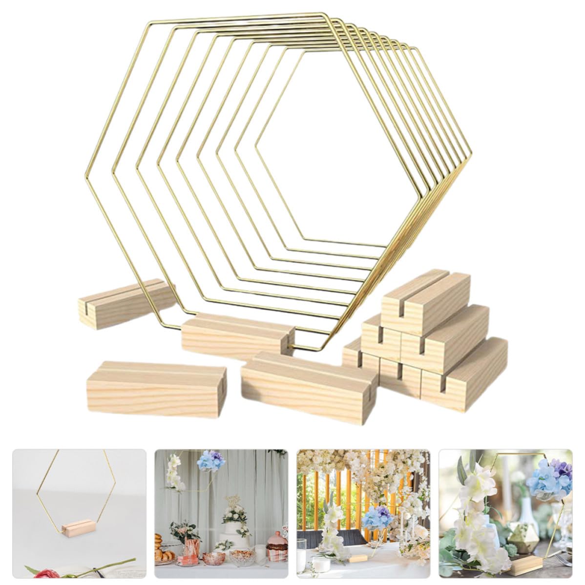 PLAFOPE 10 Piezas Aro de Metal Hexagonal con Base, Dorado, de Metal y Madera, Centro de Mesa para Boda y Manualidades DIY, para Decoración de Mesas