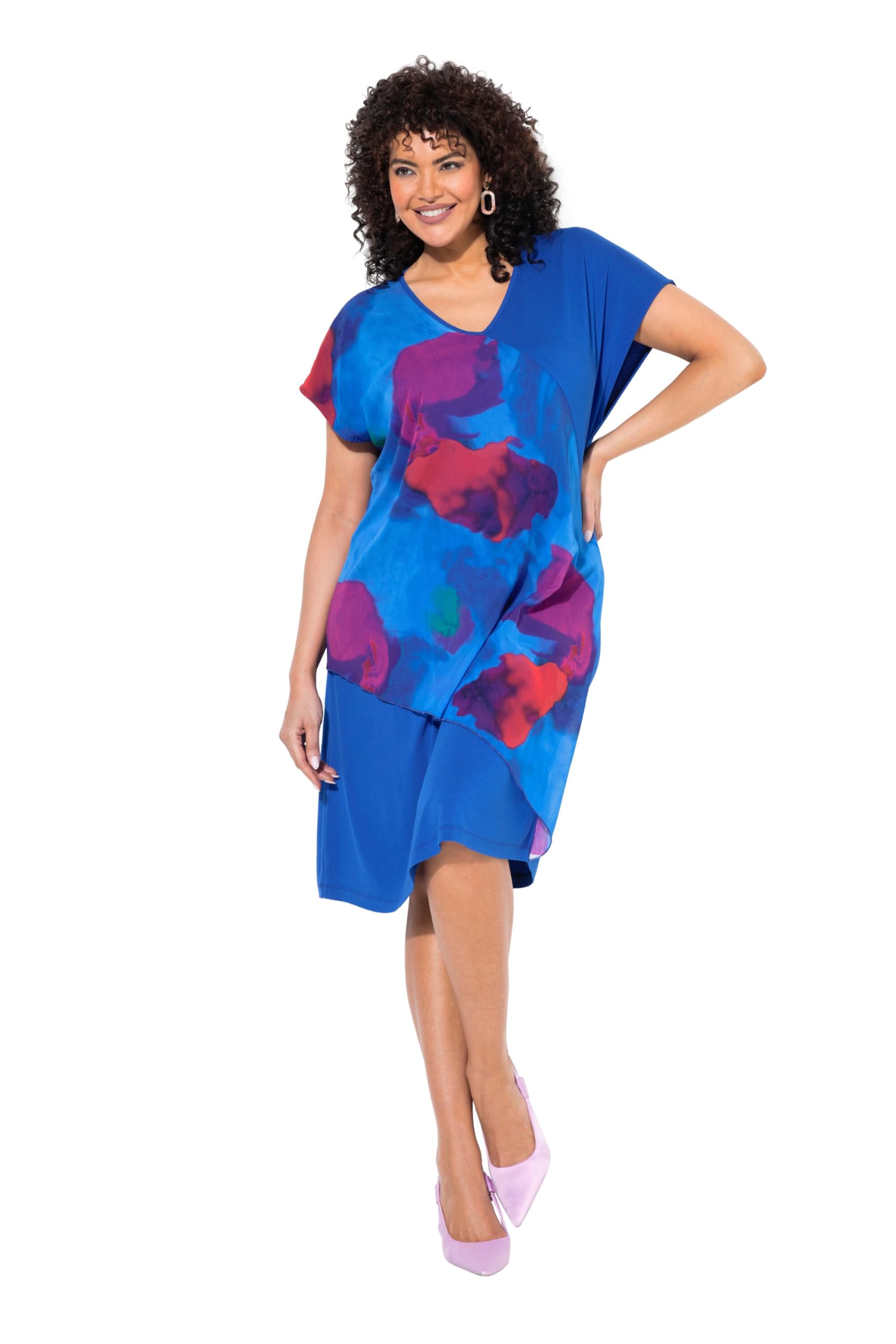 Ulla Popken Damen große Größen Übergrößen Plus Size Jerseykleid, Chiffon-Überwurf, V-Ausschnitt, Halbarm 840126