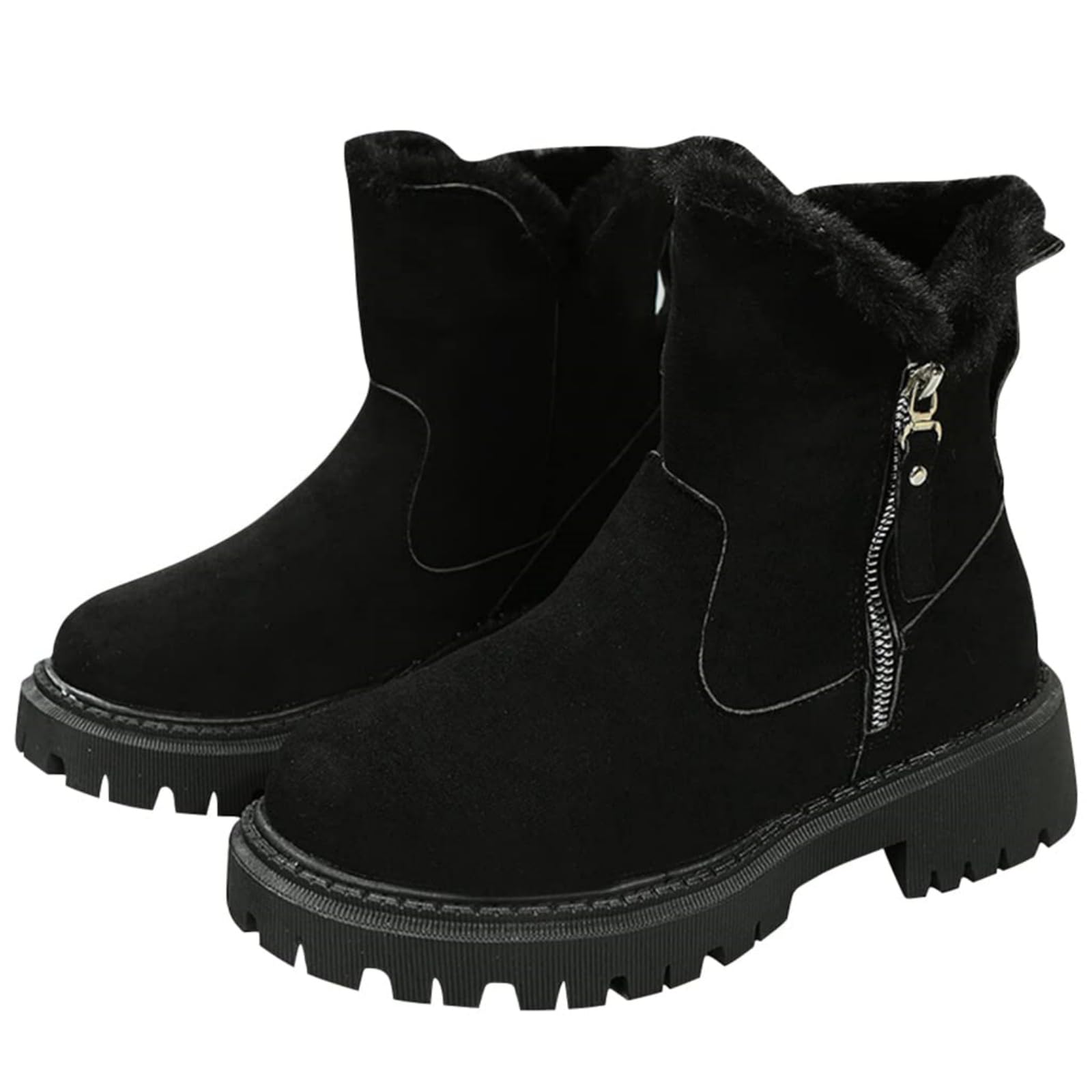 Womens Winter Boots with Fur Lined Chunky Heel Ankle Booties Womens Fleece Warm Anti-Slip Snow Booties Zipper Ankle
