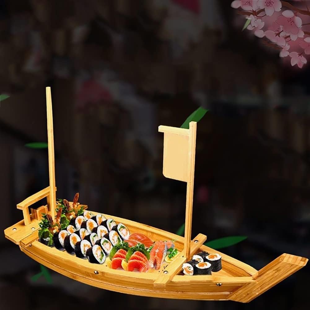 MIDUOLAI Wooden Sushi Boat Serving Tray, Japanese Sushi Sashimi Plate, Boat Shaped Salmon Seafood Container, Large Dry Ice Serving Plate, for Restaurant Or Home Plate,A,L90×W32cm