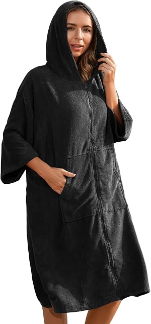 RITOSTA Changing Towelling Beach Towel Poncho Adults Adult Womens Towels Full Zip Adults with Hood for Beach Bath Swimming Surf(Black, One Size)
