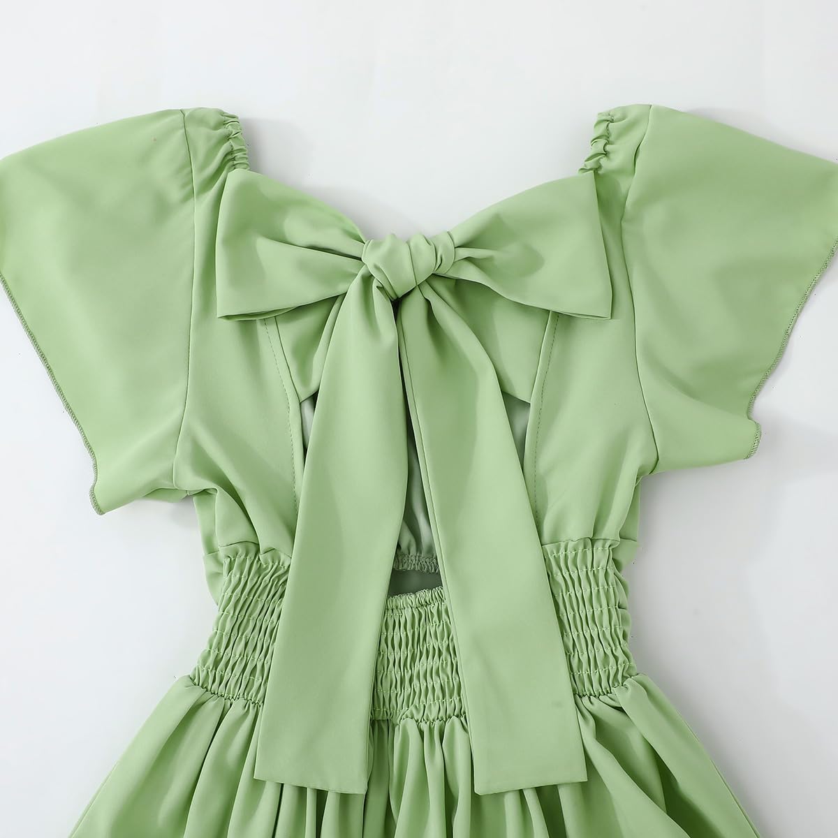 Magic Park 4-15Y Kid Flutter Sleeve Dress Square Neck Tie-Back Dresses Off Shoulder Dress Tween Girl Solid Color A-line Skirt - Image 4