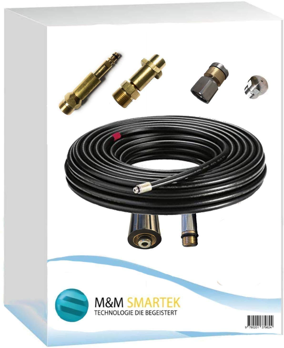 M&M Smartek manguera tuberías 40 m M22, boquilla rígida + giratoria | Kit desatascador con manguera, adaptadores y boquillas según variante; comprobar conexiones, presión, contenido y equipo.