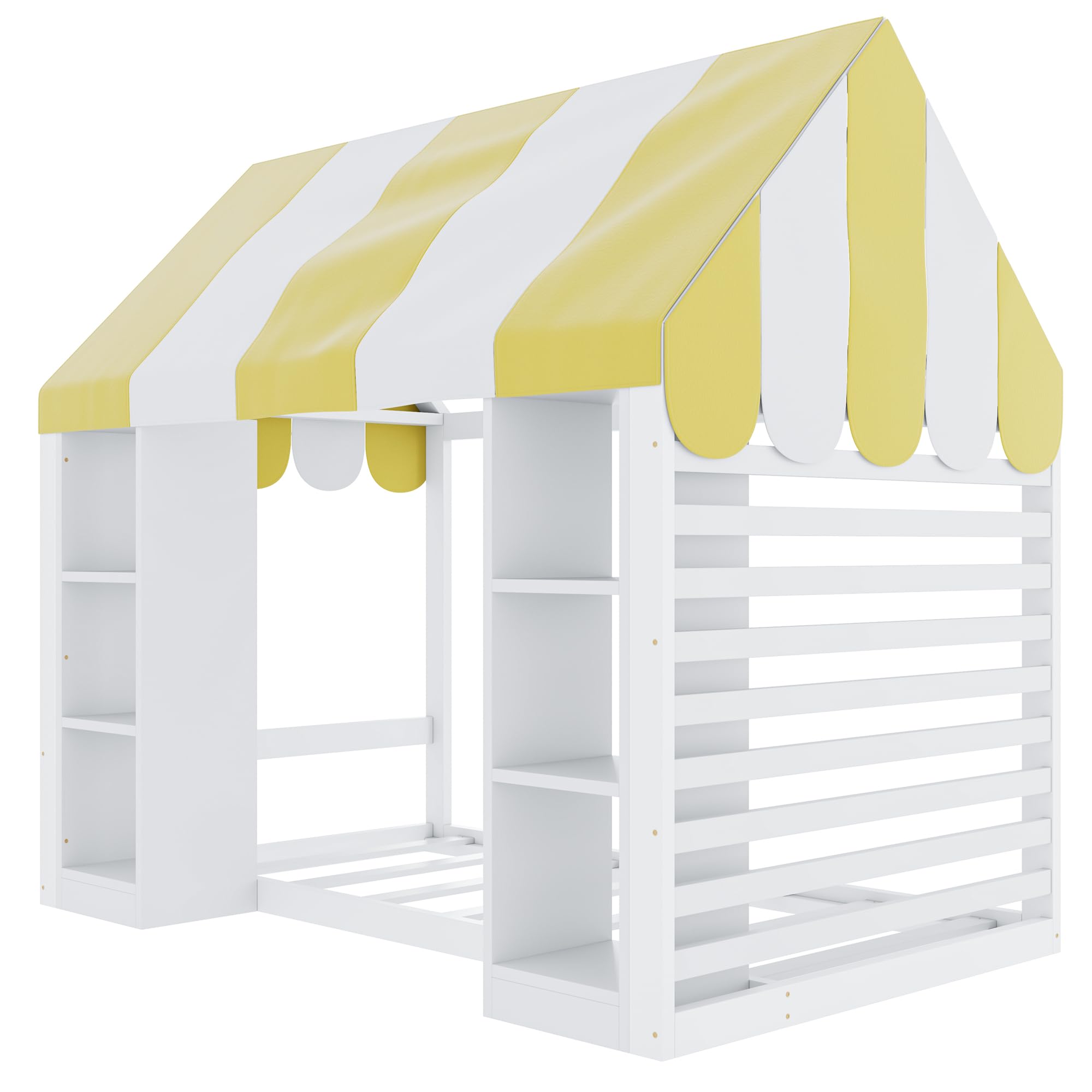 Kinderbett im Landhausstil, 90 x 200 cm, mit Himmelbett, offenem Stauraum vorne und Holzrahmen, weiß