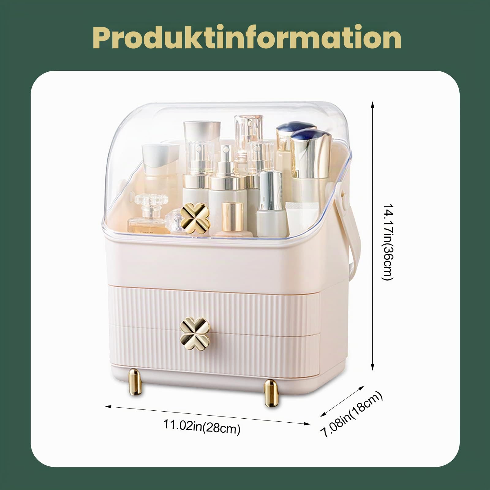 Galatée Tragbare Make Up Organizer Kosmetikbox Kosmetische Aufbewahrungs Box Mit Staubdichtem Deckel, Beauty Organizer Mit 2 Schubladen Und Tragegriff,Schublade Kosmetik,180°Drehbar (Weiß - C)