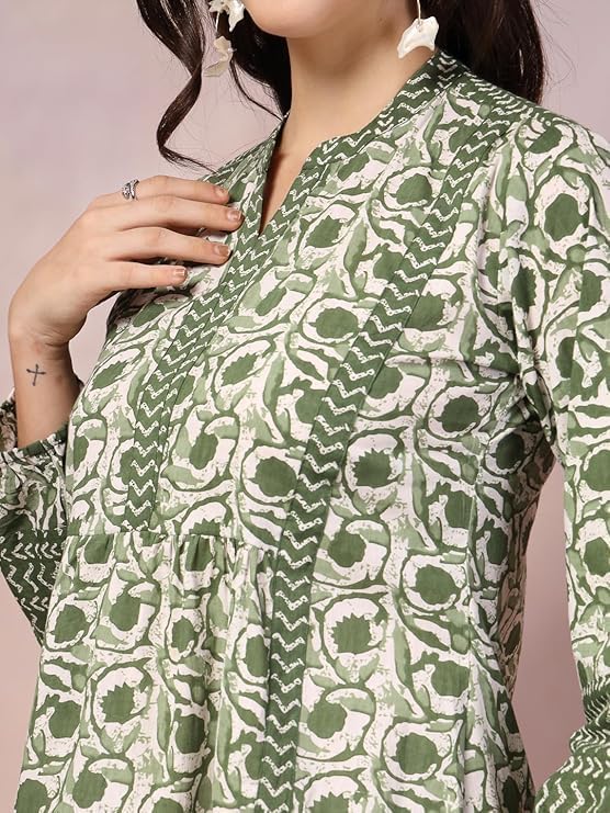 Image of Avayayat Women's Cotton Style Short Kurti for Women | Printed Straight Cotton Kurta | Round Neck Full Sleeves Short Kurti for Women's | Solid Printed Short Kurti Green