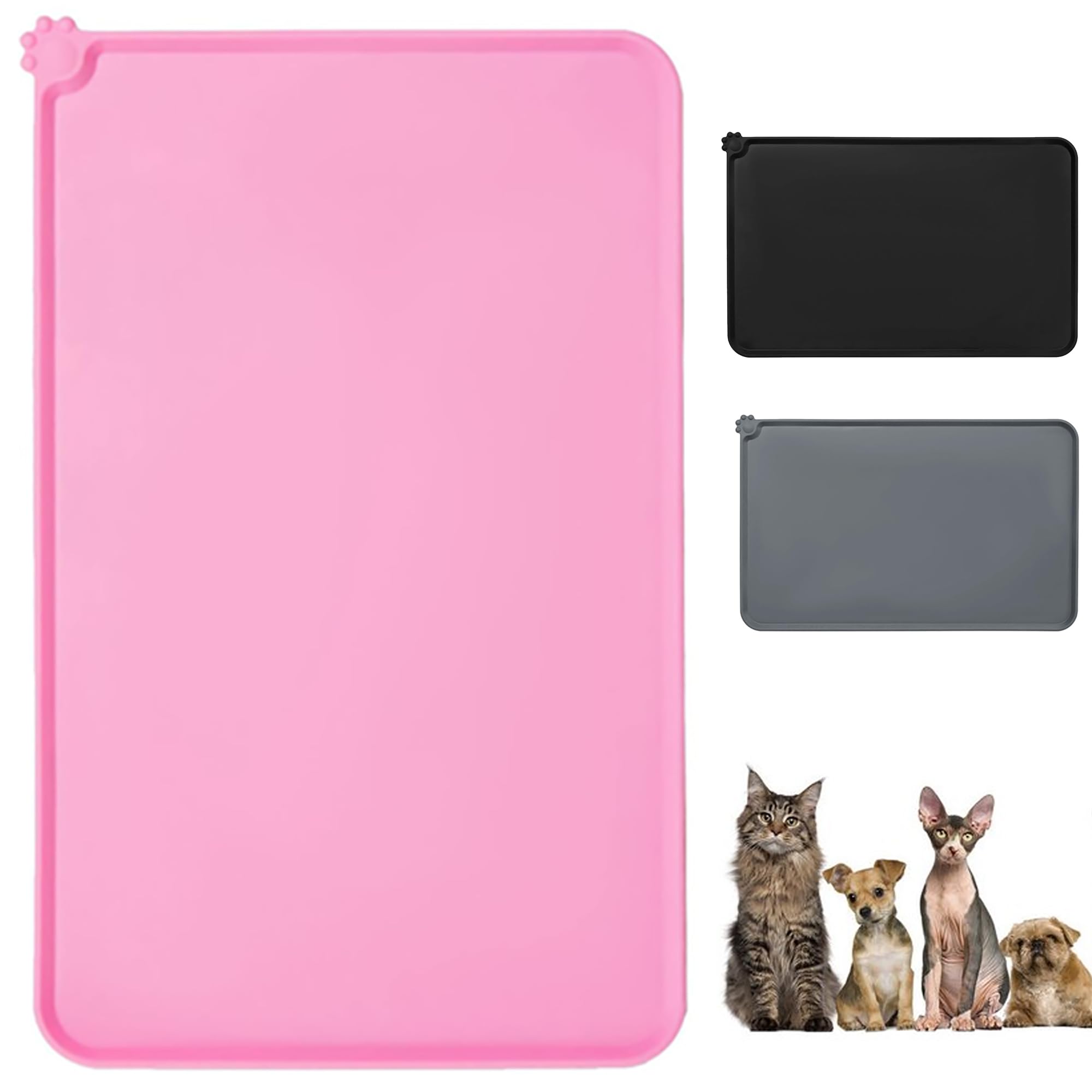 Cat & Dog Feeding Mat, Non-Slip Waterproof Silicone Pet Food and Water Bowl Mat,Durable Pet Placemat for Food and Water Bowls, Easy to Clean (Large 48x30cm) (Pink, Large)