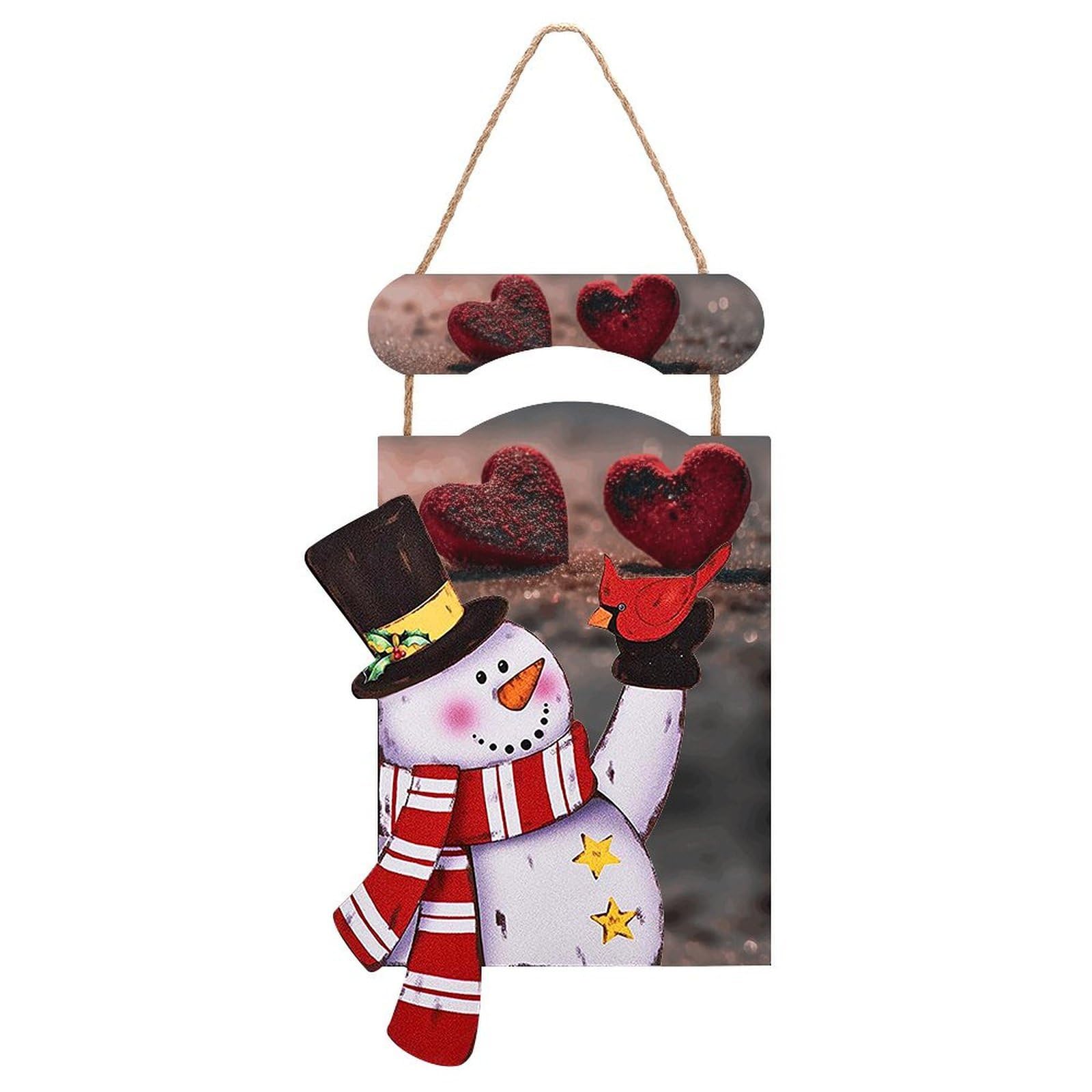 Two Shaped Hearts Snowman Sign Wooden Hanging Door Sign Christmas Door Decor Christmas Snowman Wooden Hanging Sign Wall Art for Indoor Outdoor Porch Wall