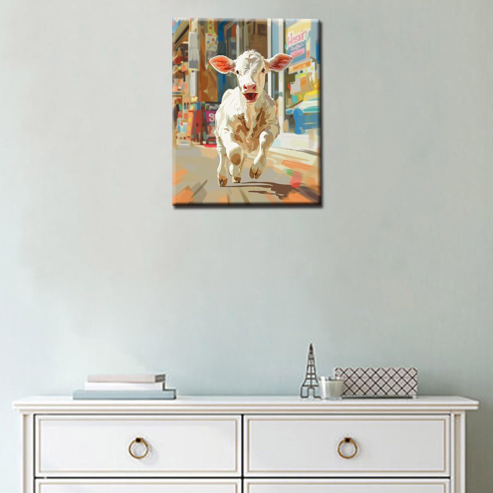 Cute Cow Calf Oil Painting Paint by Number Kits Canvas White Cattle Running DIY Oil Painting for Students Adults Beginner Creative Funny Style Animal Hallway Home Wall Decor Gift 16x20In (Frameless)