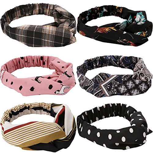 JIPIE 6-Pack of Assorted Elastic Twist Headbands Fashion Chiffon and Cotton Fabric Head Wrap Criss Cross Bandeau Hair Ribbon for Women and Girls