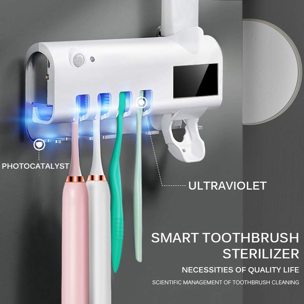 Soporte desinfectante para cepillos de dientes con dispensador automático de pasta de dientes, inducción corporal, capacidad de 5 cepillos de dientes, montaje sin calcomanías,