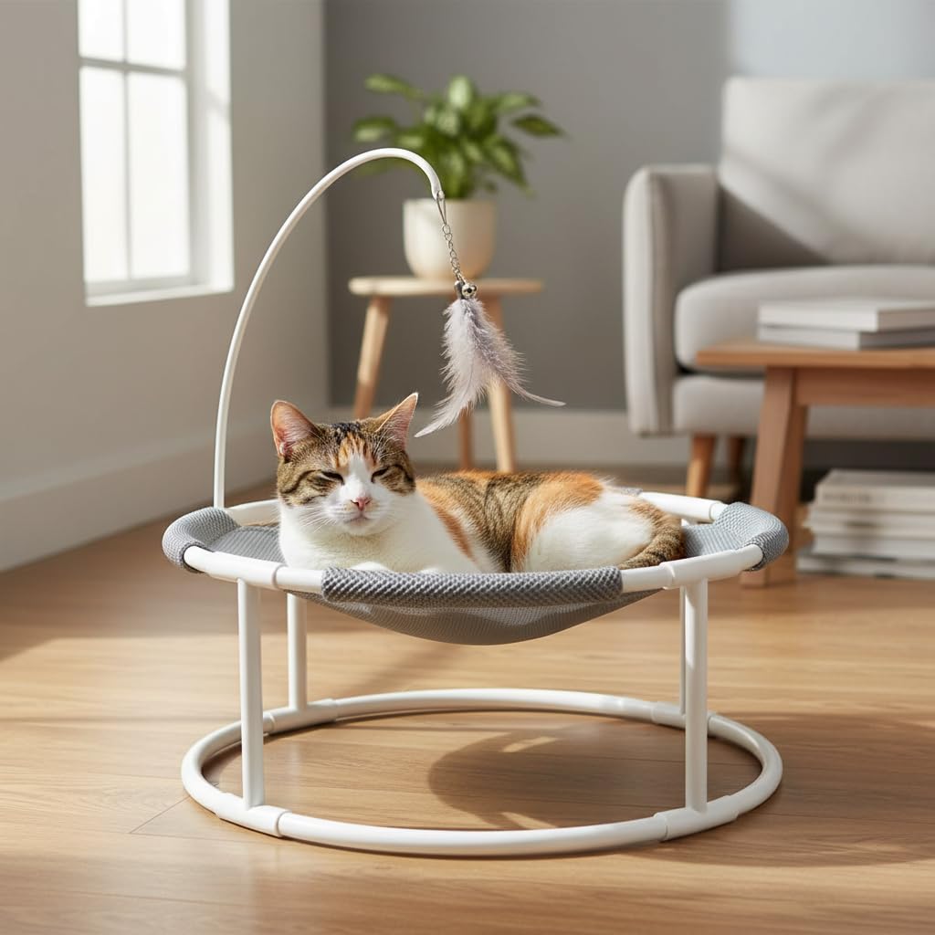 Amaca per Gatti e Cuccia per Animali Domestici, Lettino in Metallo Traspirante per Tutte le Stagioni, per gattini, Rosa chiaro, Con supporto rotondo da terra