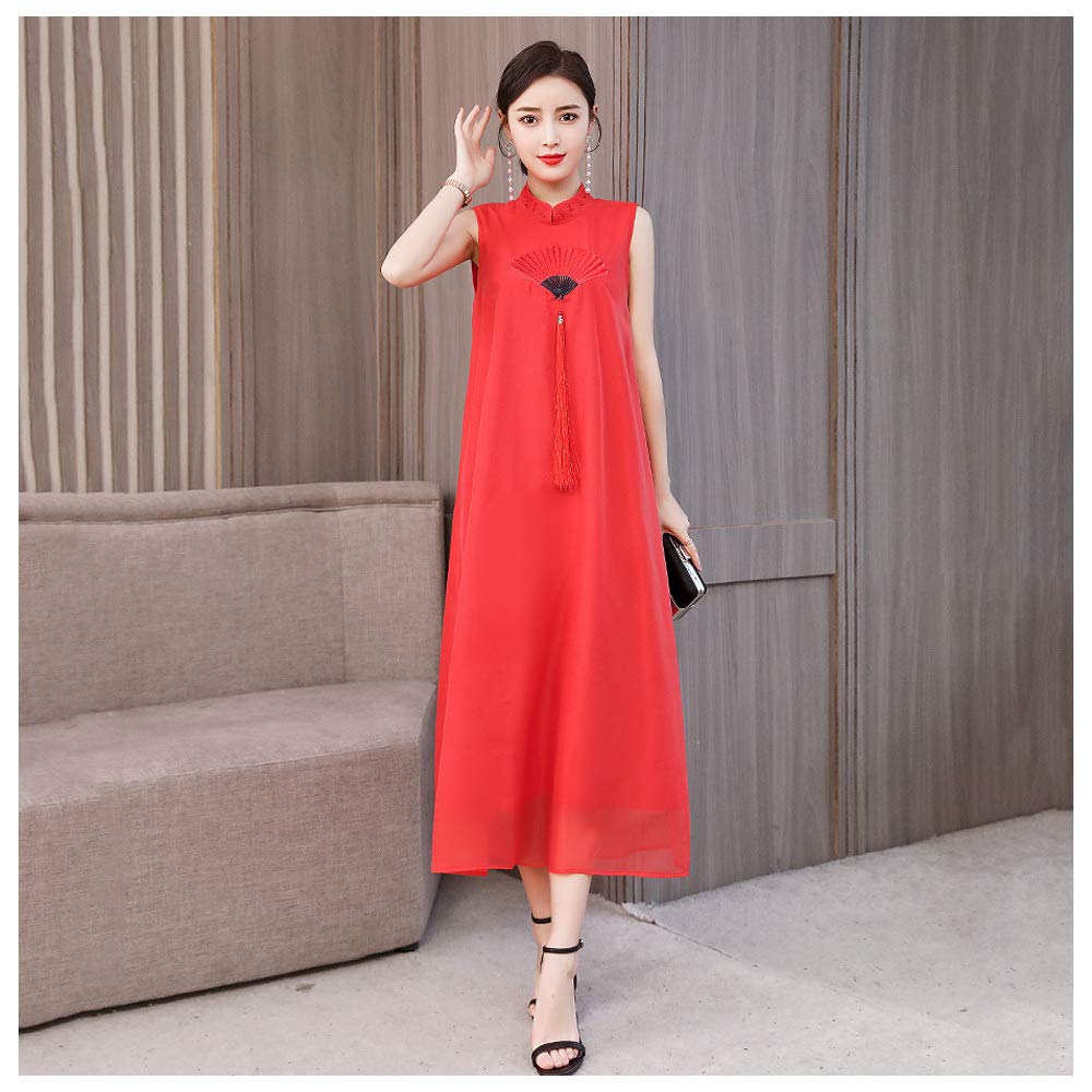 JTKDL Tai Chi Clothes Improved Cheongsam Style Chinese National Style Summer Hanfu Organza Dress Women's Clothing,Red-XXXL