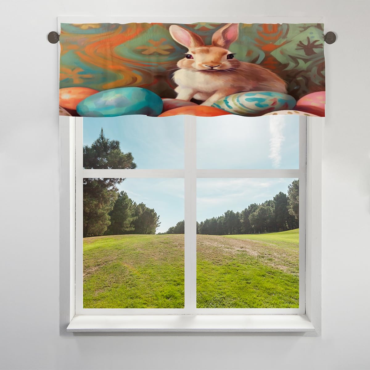 Tenda Da Cucina Con Coniglietto Pasquale E Uova – Mantovana 71x91 Cm Con Tasca Per Asta, Filtro Luce, Primaverile