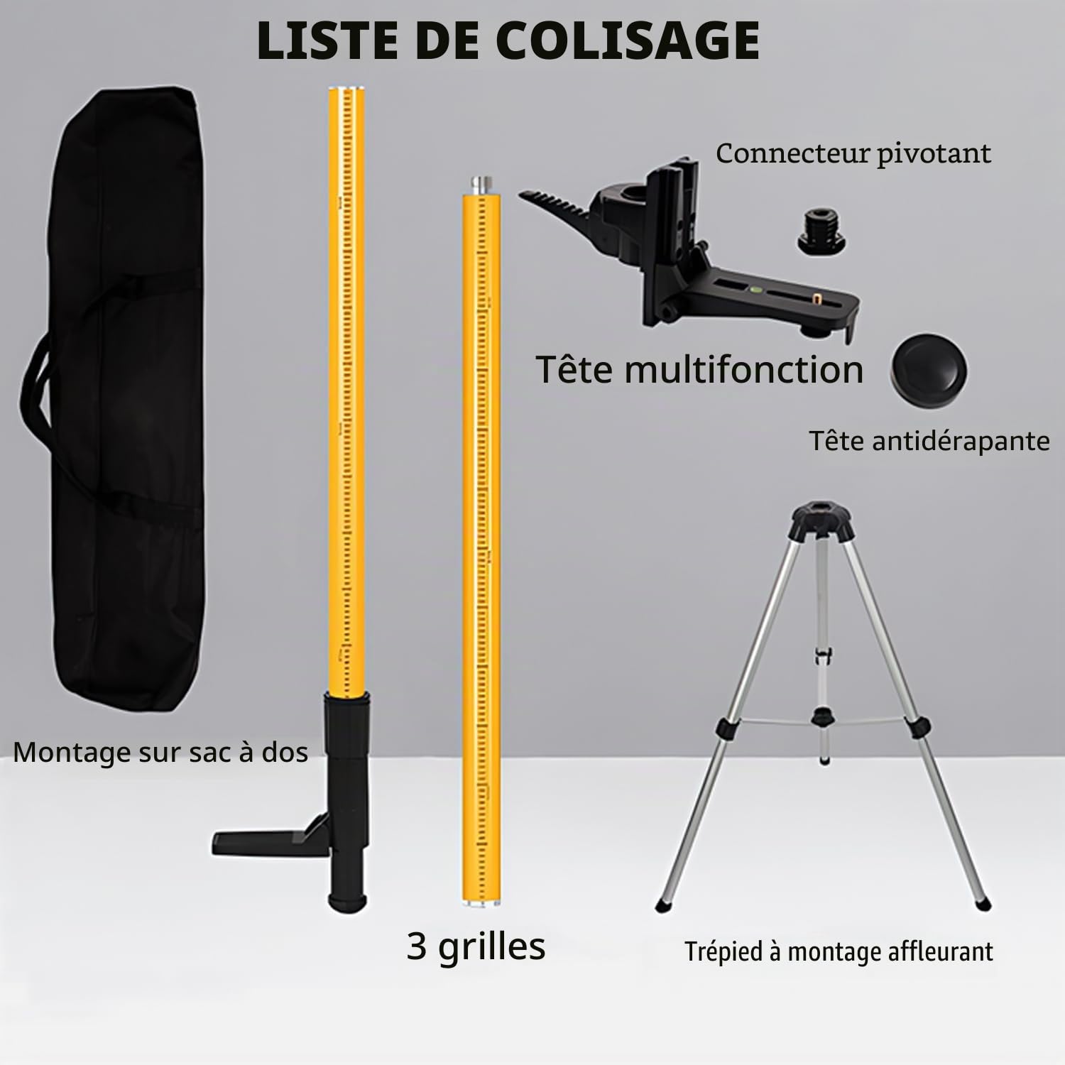 Perche Télescopique 3m/10ft, Trepied Laser avec Réglage Hauteur, Tige Telescopique Niveau Laser 360° Rotation, Support Niveau Laser avec Filetage ExtéRieur 1/4" et Adaptateur de Filetage 5/8"