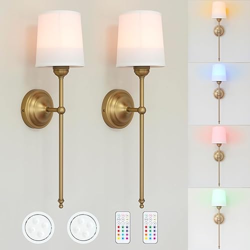 HEQIQEH Lámpara de pared rústica vintage a pilas con control remoto, embudo acampanado, pantalla de tela de lino, regulable, para mesita de noche,