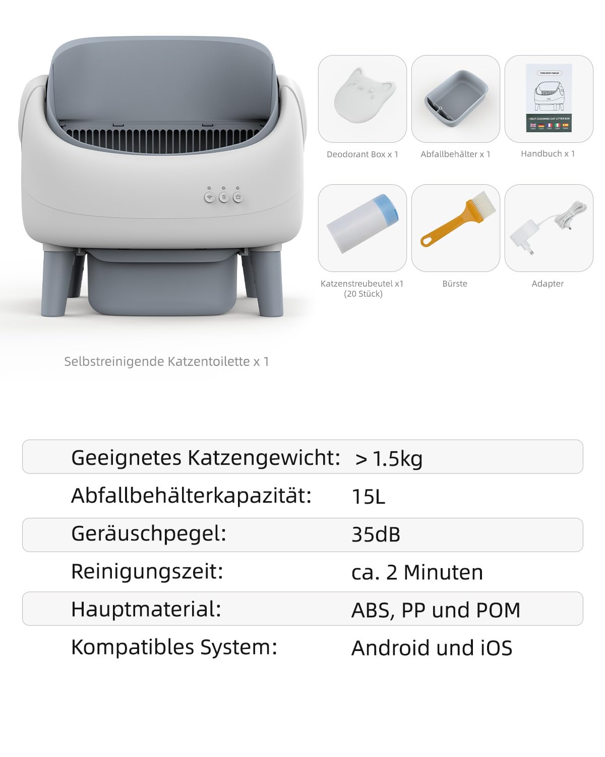 Selbstreinigende Katzentoilette Offen, Katzenklo Selbstreinigend mit APP-Steuerung, Dual Sicherheitssensoren, Intelligenter Einklemmenschutz, Inklusive Müllbeutel, für Mehrere Katzen