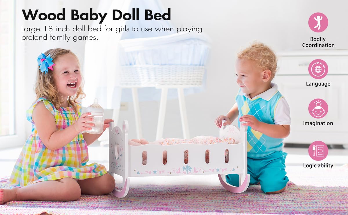 ROBOTIME Culla per bambole, letto per bambole da 45-61 cm, culla in legno con materasso, cuscino e trapunta, regalo per ragazze e ragazzi dai 3 anni in su