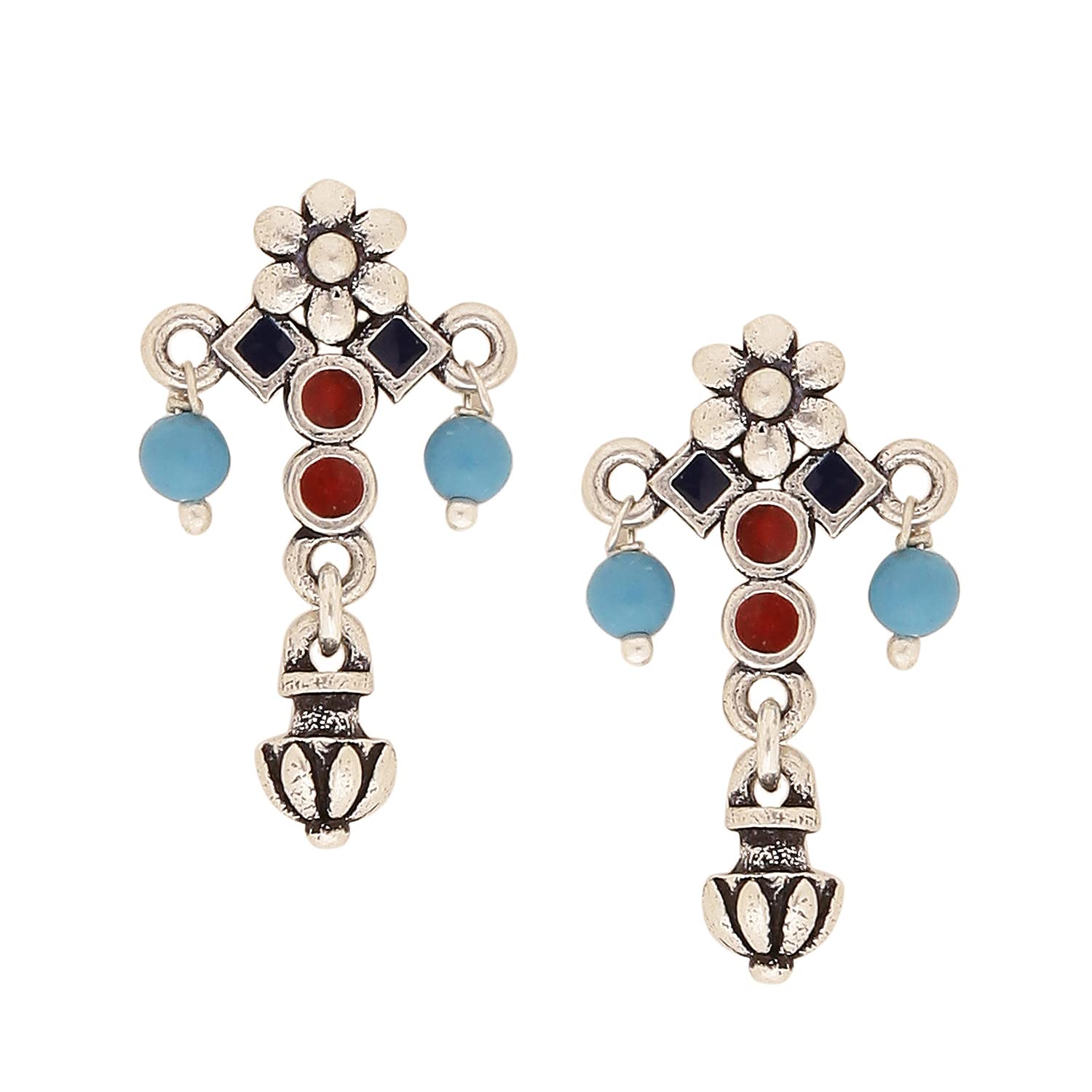 Brass Oxidised Silver Plating Moksha Floral Drop Earrings with Turquoise Pearl Beads for Women and Girls