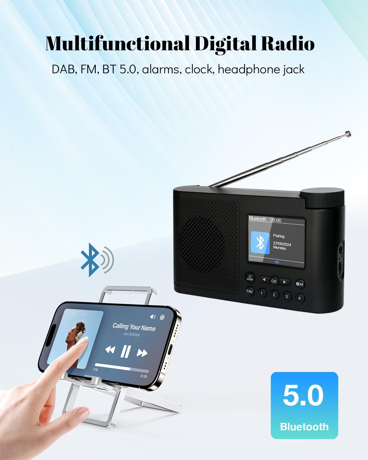 Radio portatil Pequeña, Radio Dab/FM, Radio con Bluetooth,Radio a Pilas Digital,Reloj con Doble Alarma, Temporizador de Apagado automático, 40 emisoras preprogramadas