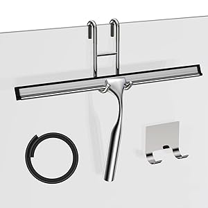 Shower Squeegee Set, Include Shower Door Hook, Adhesive Hook and Spare Silicone Blade, Window Squeegee for Shower Glass Door, Bathroom, Mirror, Window Car Glass 14Inches Silver