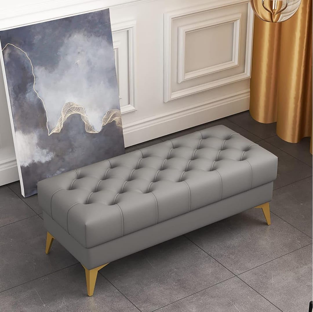 Tufted Ottoman Bench, PU Leather, Modern Style, Gold Metal Legs, Bed End Bench for Bedroom, Entryway-image-18