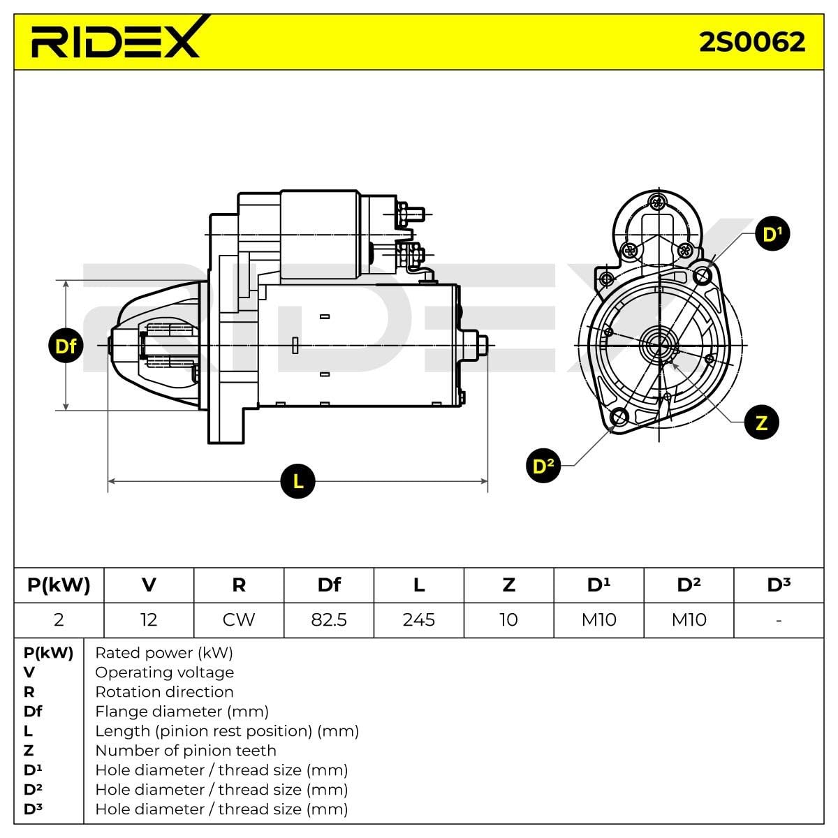 RIDEX 2S0062 Démarreur pour voiture 12V, 2KW, Compatible avec MERCEDES-BENZ Classe C Berline W204 A004151890170 1541123 A0051512901