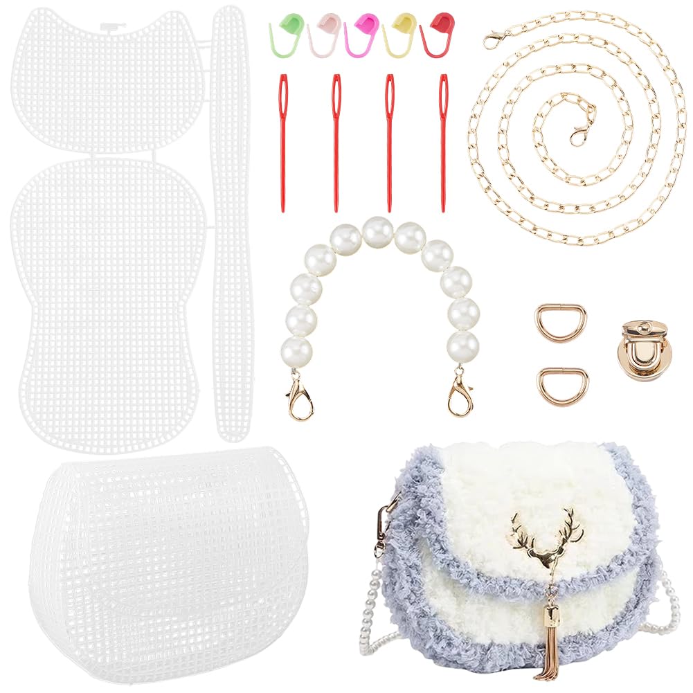 CRASPIRE Plastic Mesh Bag Kit Clear Plastic Mesh Canvas Round Beaded Imitation Pearl Shoulder Strap Extender Chain Pins Needles Clasps Set for DIY Handmade Crochet Crossbody Bags Purse Making Supplies