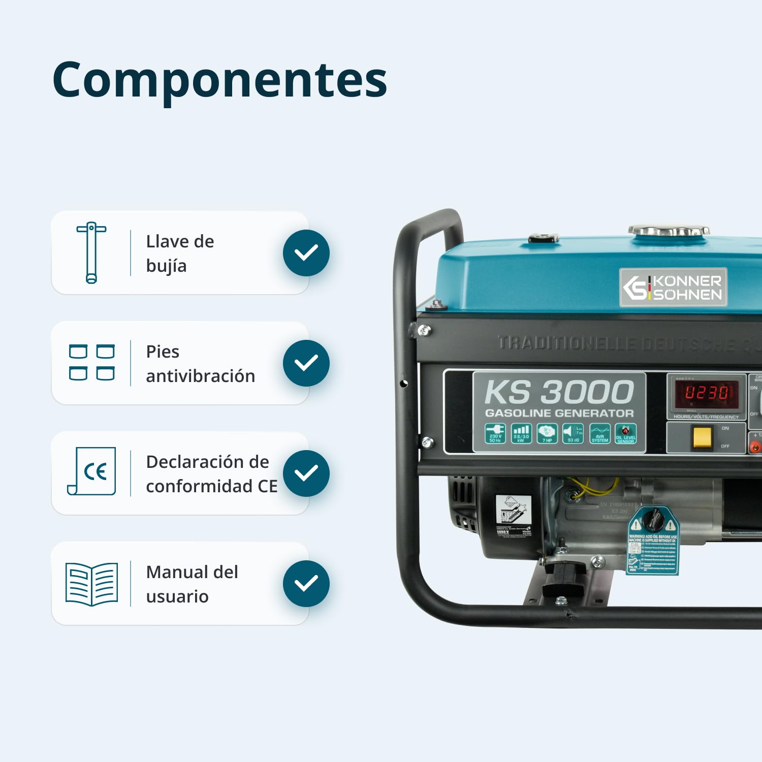Könner & Söhner Generador de gasolina KS 3000, grupo electrogeno 3000W, 2x16 A (230 V),12 V, generador electrico con (AVR), indicador aceite, protección ante sobrecarga, pantalla