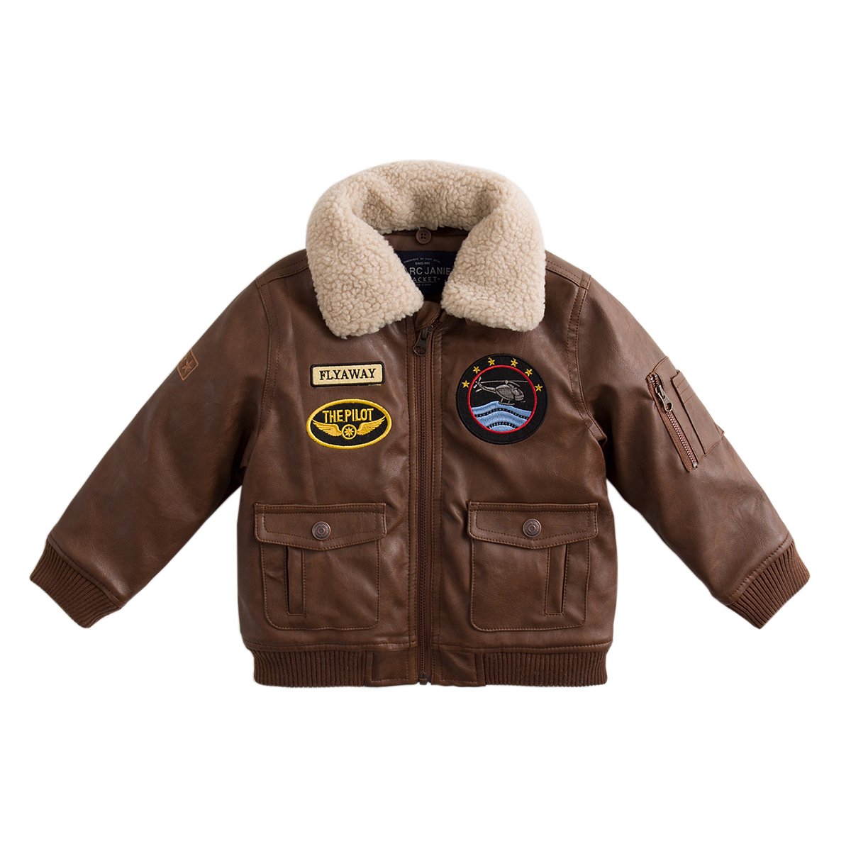 marc janie Boys Girls' Leather Military Flight Bomber Aviator Jacket with Removable Faux Fur Collar 24 Months Coffee 70125