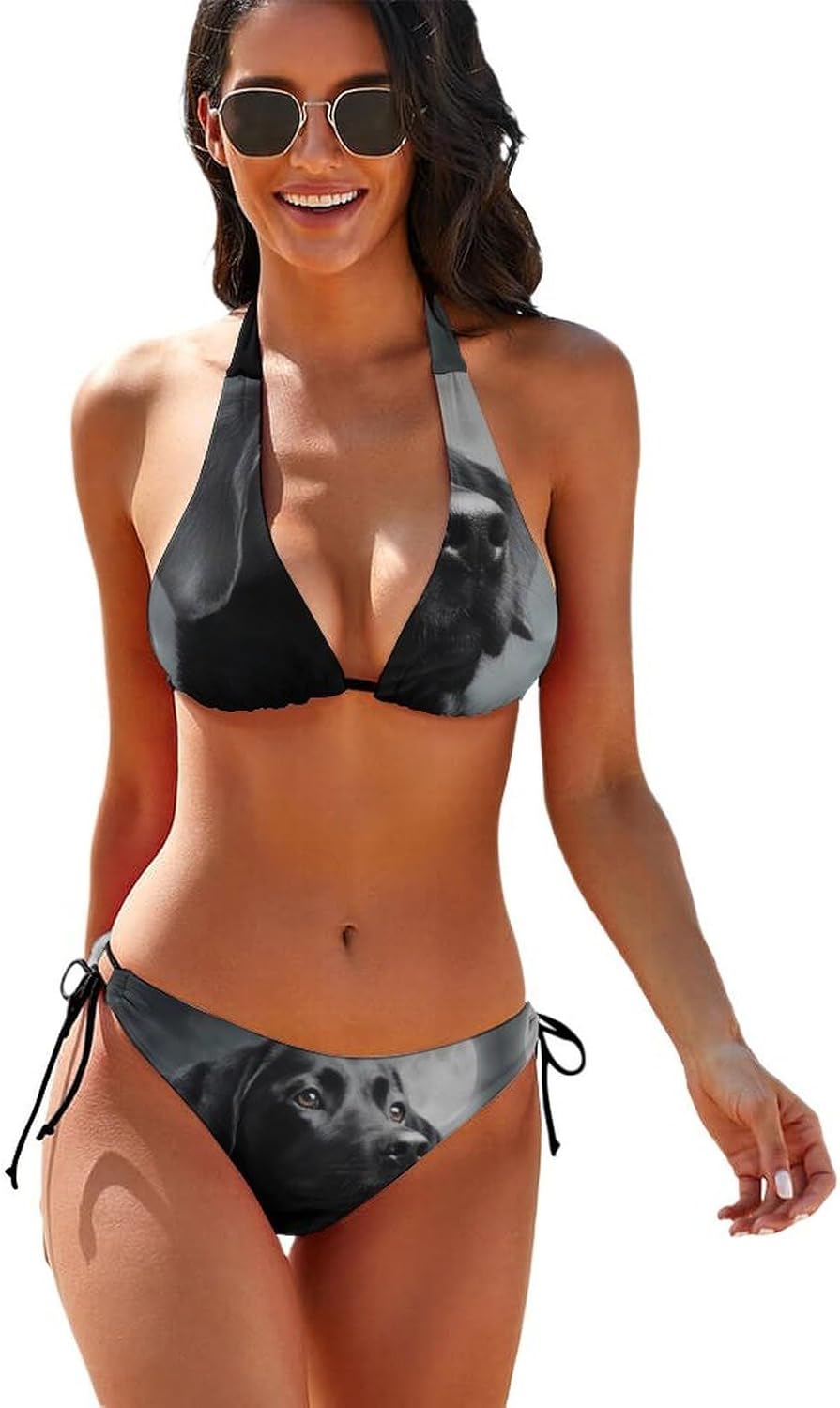 Black Labrador Dog in Moon Novelty Women's 2 Piece String Bikini Set Swimsuits Bathing Suit Swimwear