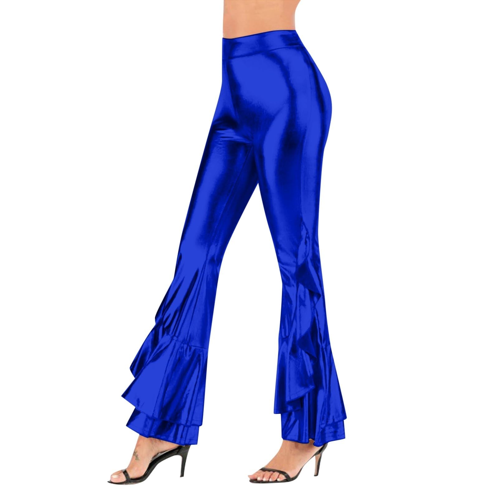 Glitzer Hose Damen Lang Glitzernde Metallic Schlaghose Holographische Farbe Streetwear Hip Hop Glocken Hose mit Rüschen High Waist Weites Bein Tanzhose für Disco, Karneval, Party & Streetwear
