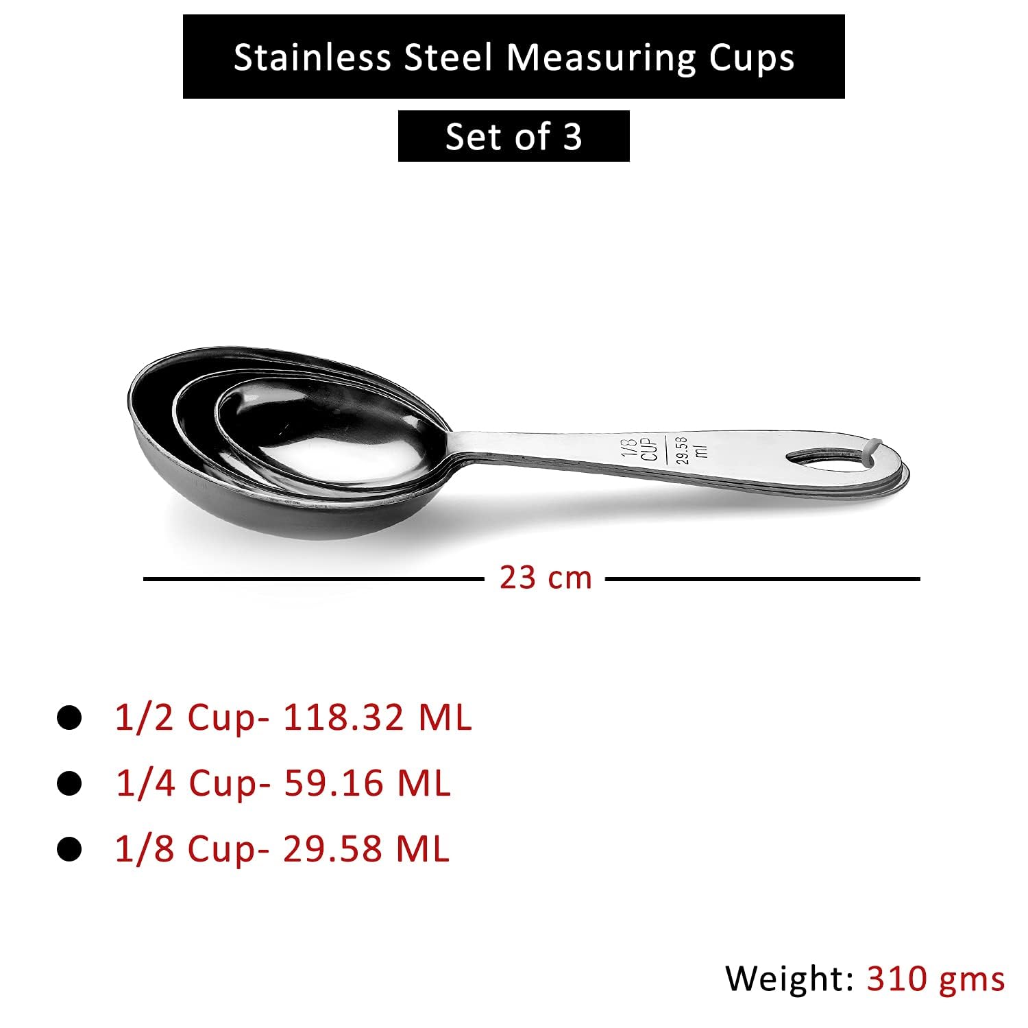 STEREN IMPEX | Stainless Steel Measuring Cup Set of 3 pcs | for Dry or Liquid/Kitchen Gadgets for Cooking & Baking Cakes/Measuring Cup Set with Handles (1/2,1/4&1/8 Cup) 3