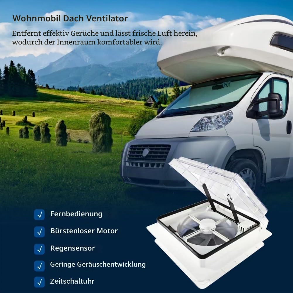 ZOIZ 12V Wohnmobil Dachventilator 360 mm, RV Dachlüfter mit transparentem Deckel, Fernbedienung, reversibel Abluft & Zuluft, extrem leise für Wohnwagen Camper, UV-beständig