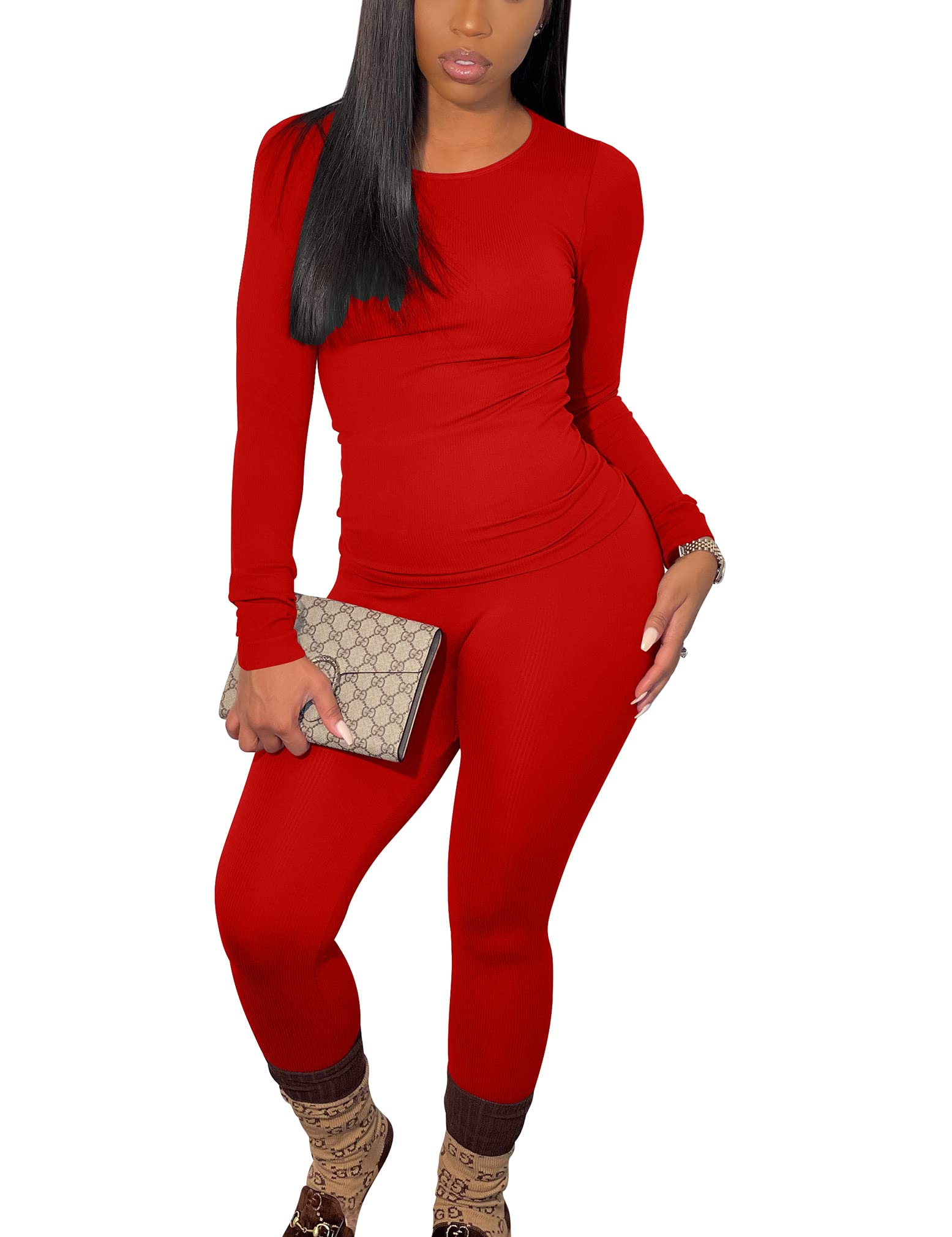 BORIFLORS Damskie 2-częściowe stroje treningowe z długim rękawem top jogger legginsy zestawy, Czerwony, S