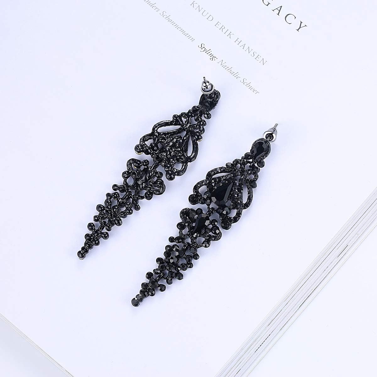 mecresh Vintage Floral Teardrop Butterfly Wing Black Austrian Crystal Drop Dangle Earrings for Women Bride Gift - Image 4