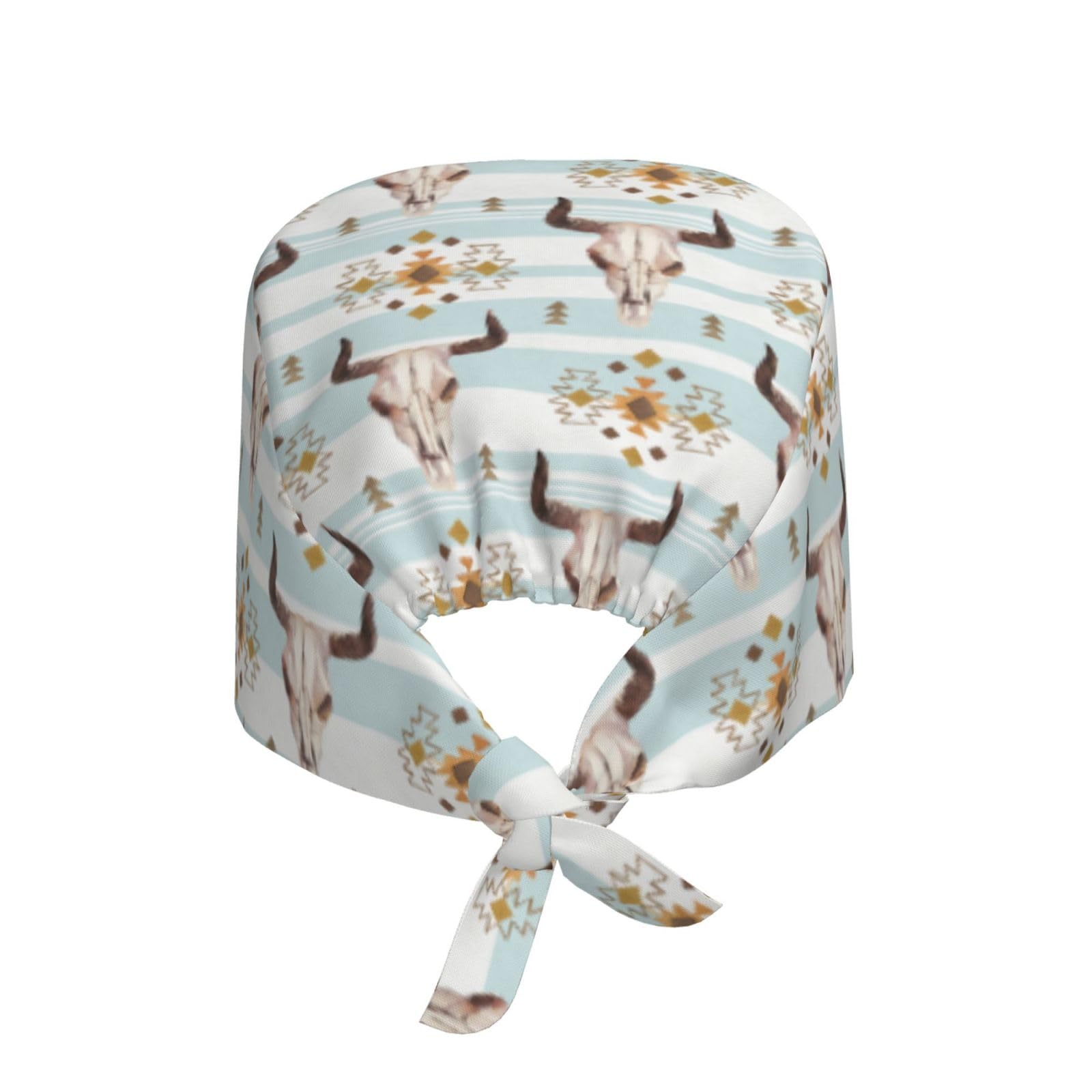 Buewutiry Scrub Caps Women Men Bull Cow Skull Boho Print Working Surgical Nurse Dental Hats Ponytail Scrub Cap Black