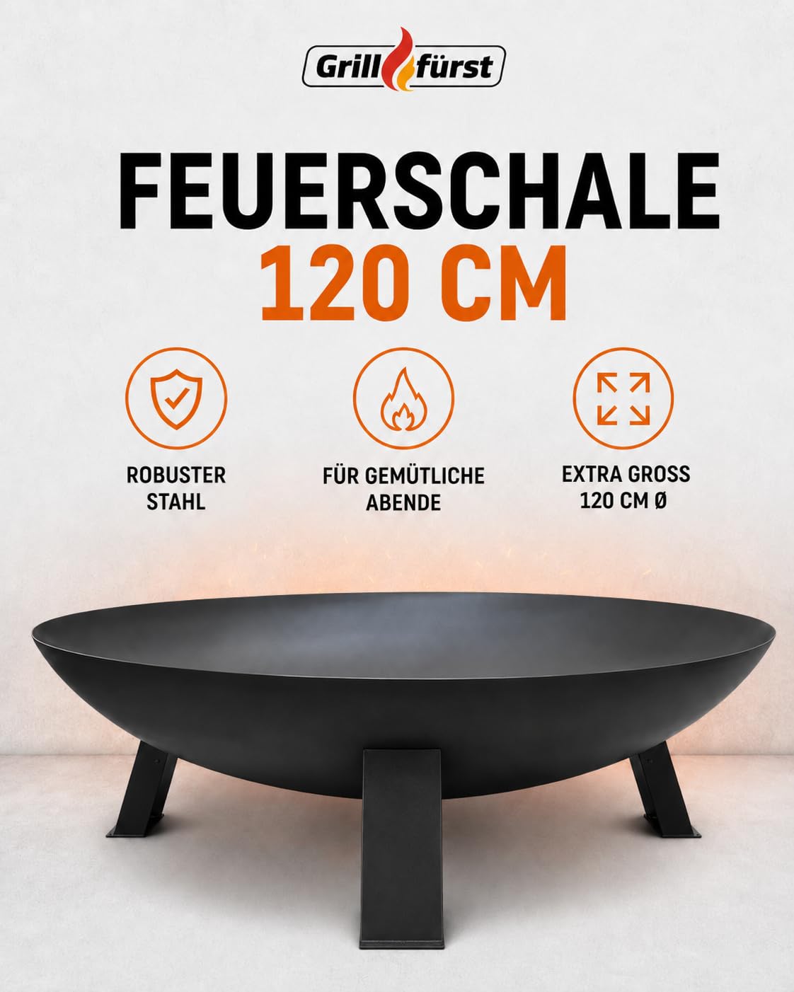 Grillfürst Feuerschale Ø 120 cm aus Stahl - Feuerschale für den Garten oder die Terrasse, massiv, langlebig und hitzebeständig, für Lagerfeuer oder als Kochstelle, Durchmesser 120 cm
