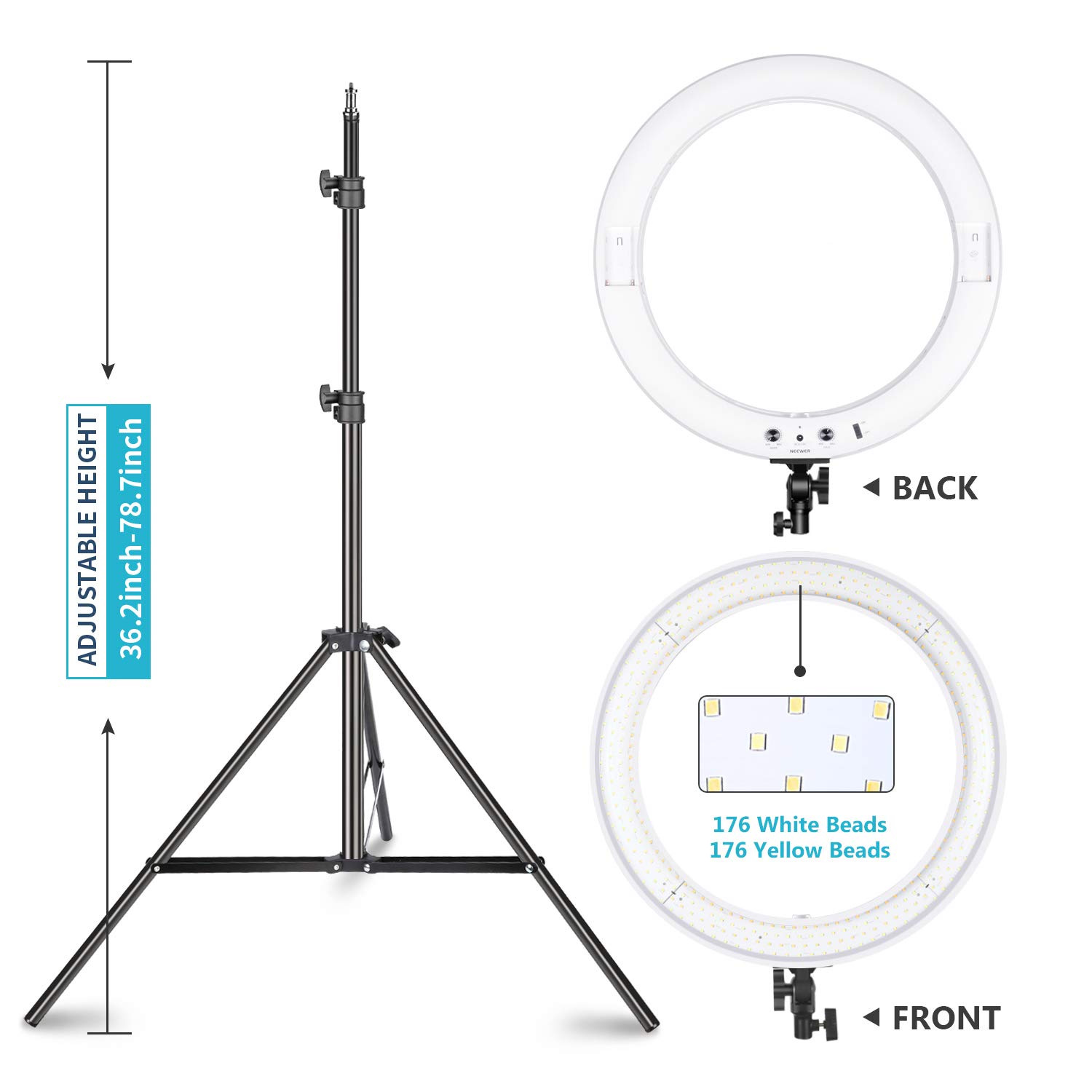 Neewer Ring Light LED 18 Pouces Kit pour Vidéo Youtube Maquillage Salon - Température Couleur Réglable Anneau de Lumière avec Pied et Porte-Smartphone (Blanc)