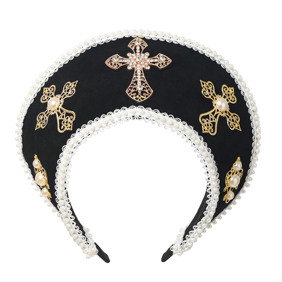 BPURB Tudor Queen Coronet Hooded Hat for Women Anne Boleyn Hat Headwear Elizabethan Headwear French Royal Headband for Cosplay Party Black