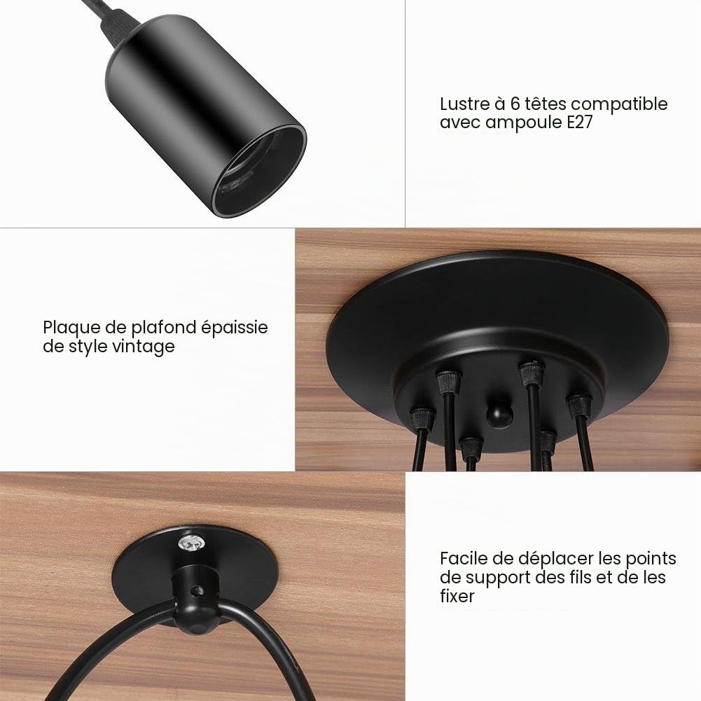 Dioche Suspension industrielle rétro 6 têtes support plafonnier pour lampe E27 lampe suspendue salon décoration maison et salle à manger (2 m)