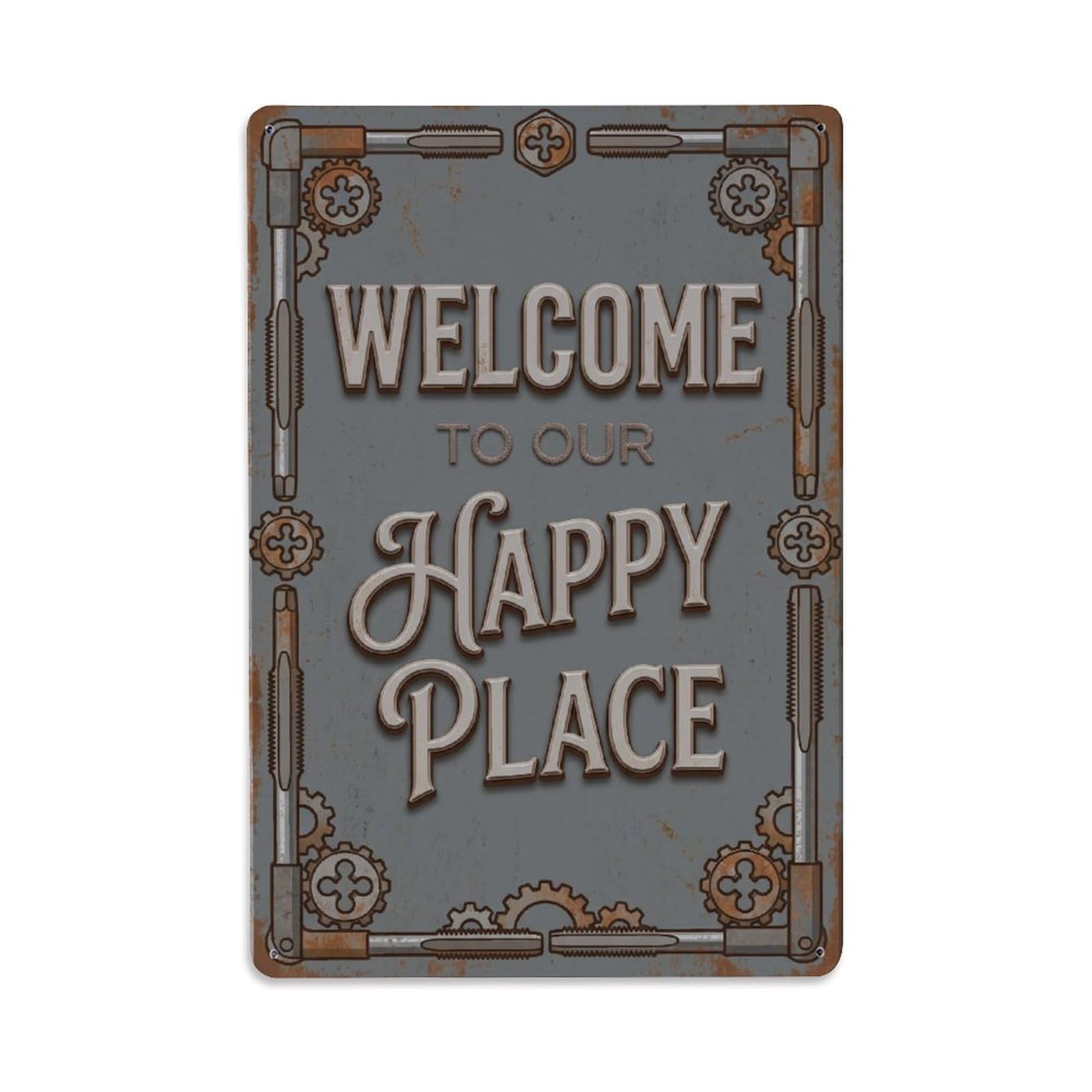 Okngb Style Tool Gear Welcome Happy Place Cottage Garden Texture Metal Tin Sign Plaque Wall Decor For Cafe, Man Cave, Club Bar, Office, Home Garden Round Metal Poster 8X12inch