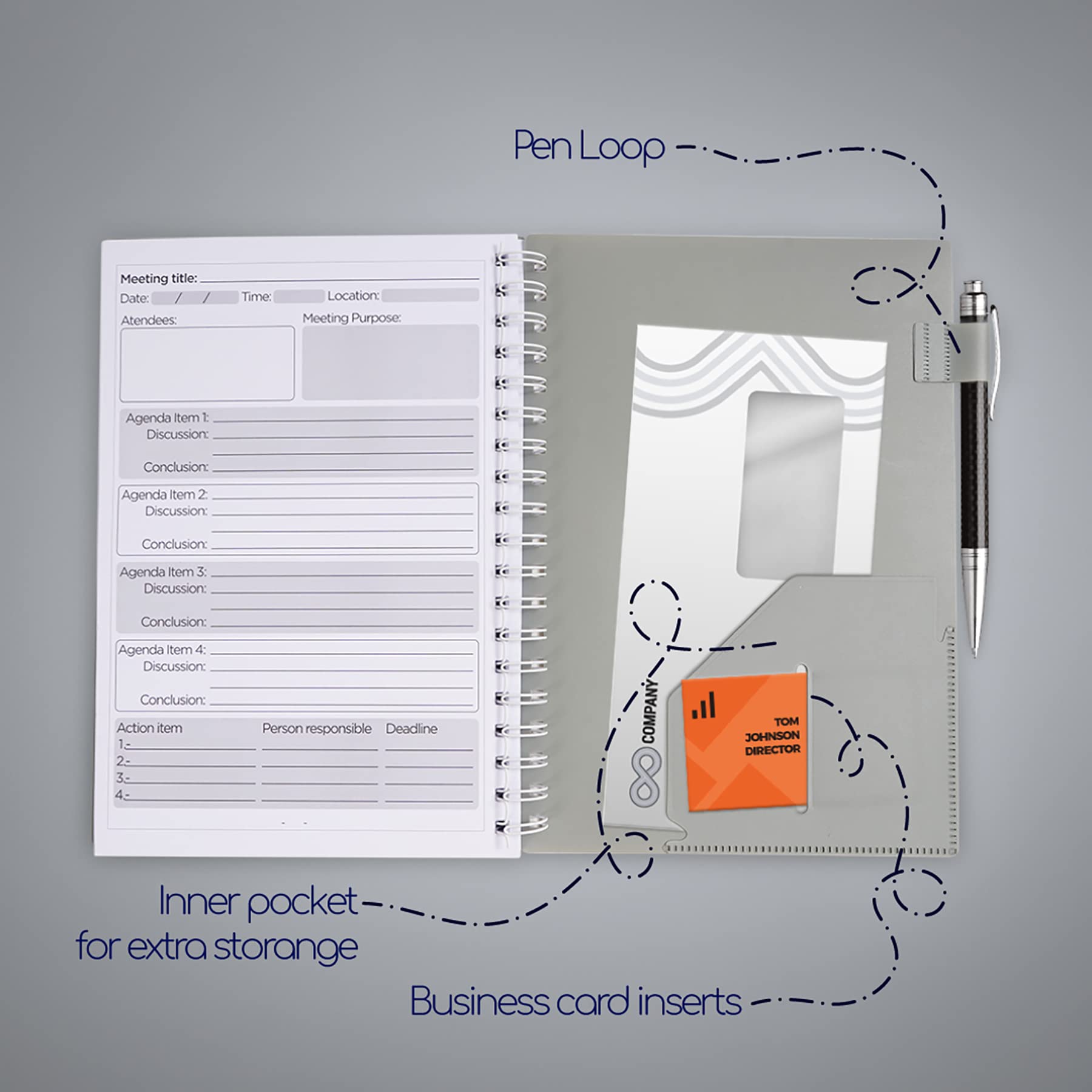 Meeting Notebook with plastic cover 160 pages of 120 gsm (7"x10"), Work Notebook designed with action planner and table of contents, Meeting Notebook For Work includes 60 lined sticky notes 4"x6"