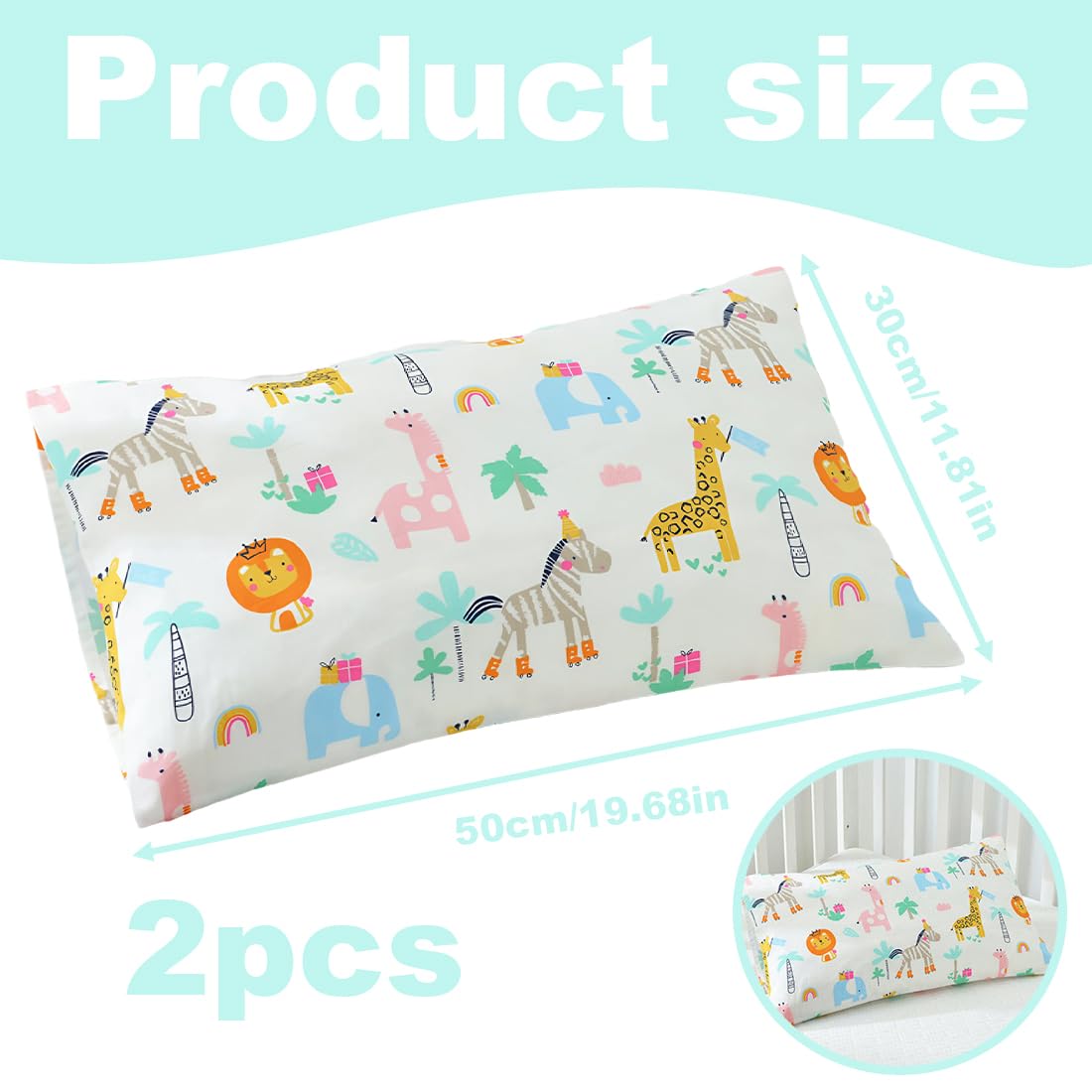 IKOPFLN Taie d Oreiller, Taie d'oreiller Bébé, Taie d'oreiller Bébé 30x50 Tête Animal 100% Pur Coton Fermeture à Rabat Lavable en Machine pour Oreiller de Berceau D’Enfant, 2 pièce